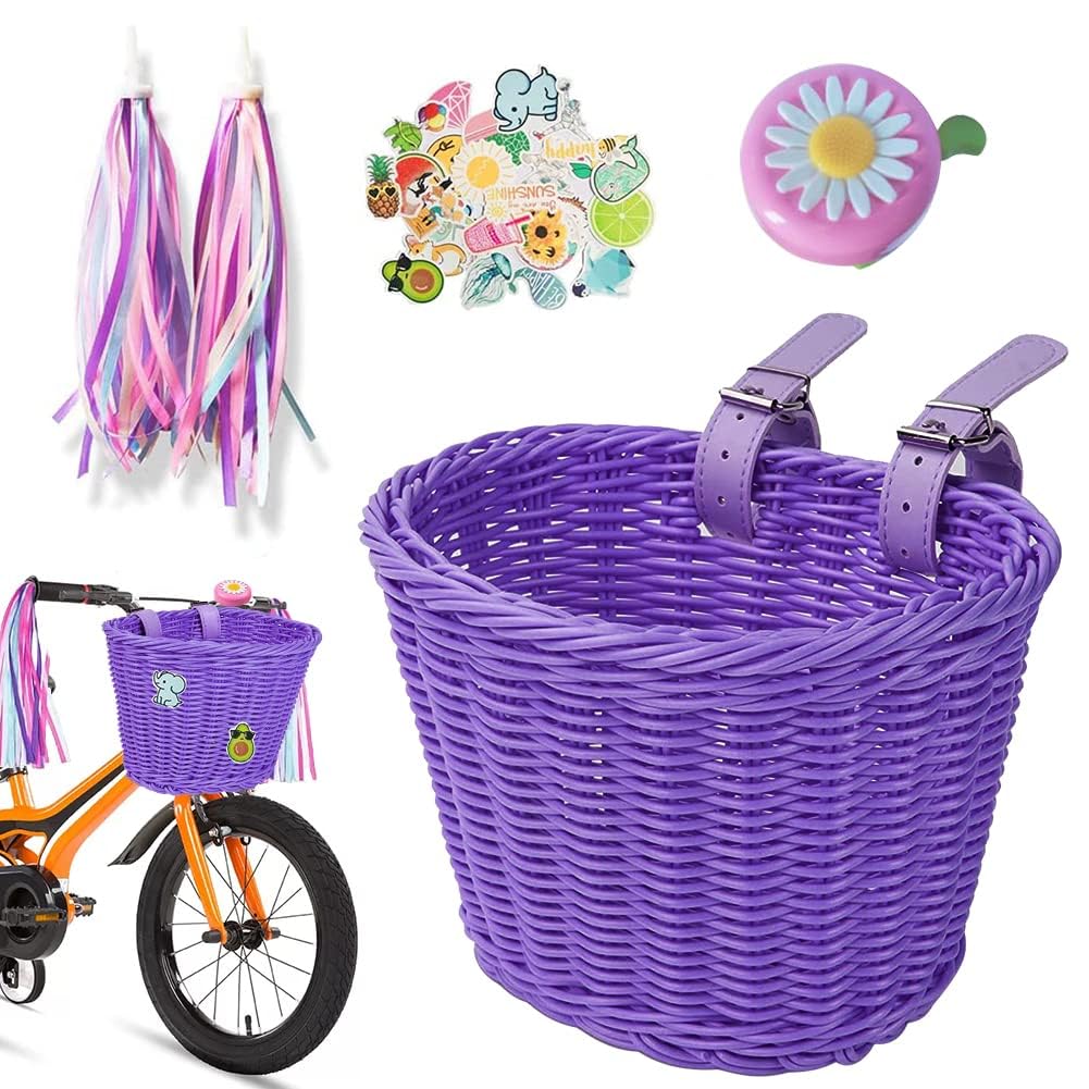 Cestino Della Bicicletta Anteriore Bambini Rimovibile, EUBSWA Cestino Della Bici Cestino Di Salice Anteriore Con Campane e Filanti, Ragazze Bicicletta Cestino Accessori