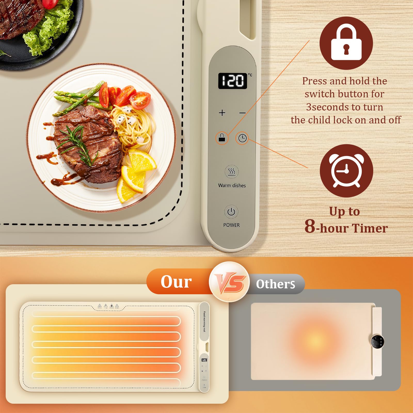 Bandeja de Calentamiento de Silicona 80 * 38cm con 7 Niveles y Bloqueo para Niños de 1–8H, Bandeja Calentador de Comida Eléctrica Calienta Platos de Comida Ideal para Buffets, Familia, Fiesta