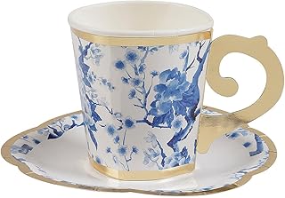 Fun Express Chinoiserie-Printed Disposable Paper Tea Cups with Saucers -...