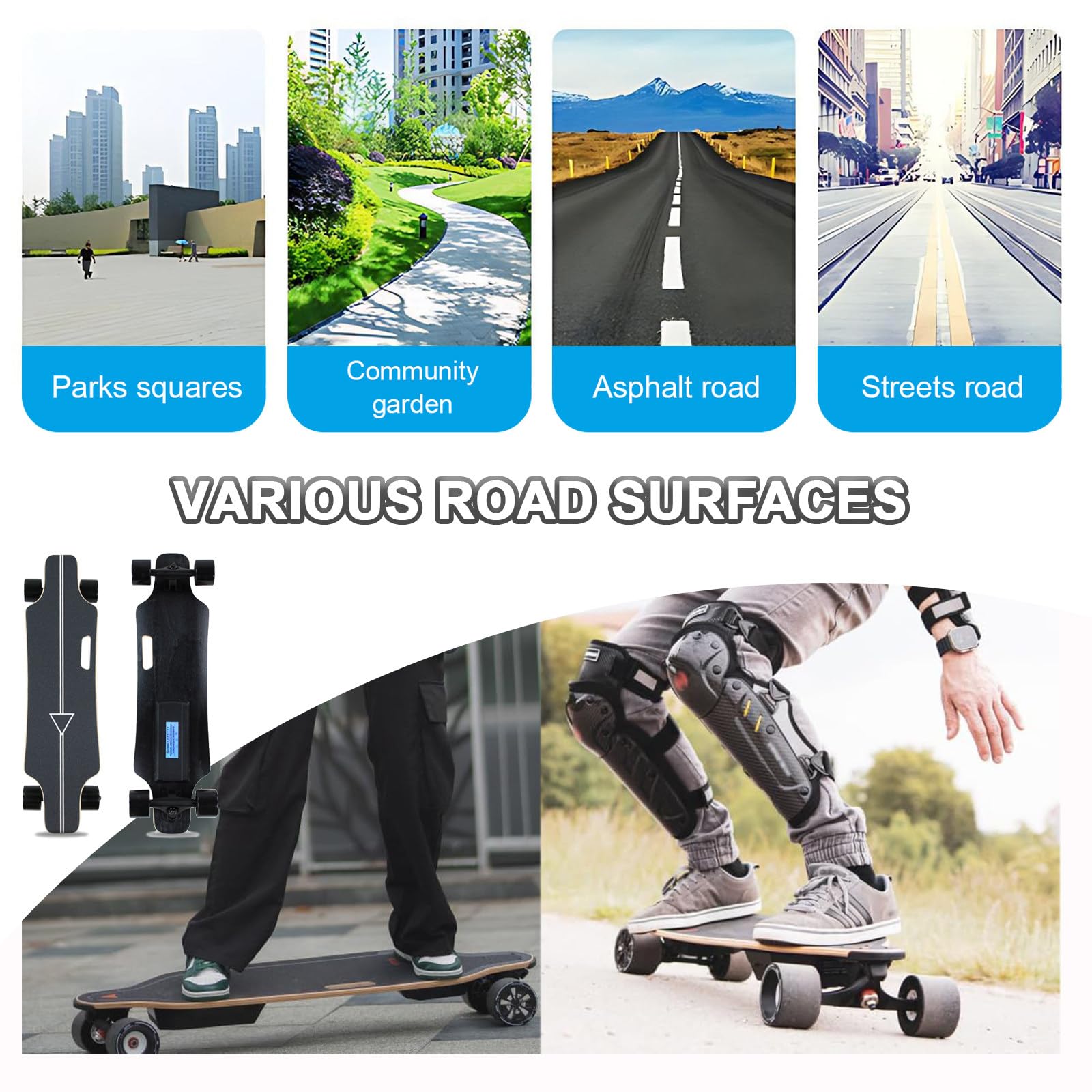 Electric Skateboard con Telecomando Avanzato, Skate Elettrico Massima velocità 35 km/h, Autonomia 16/22/30 km, per Adulti＆ Principianti, Pendolari del Campus A-16km