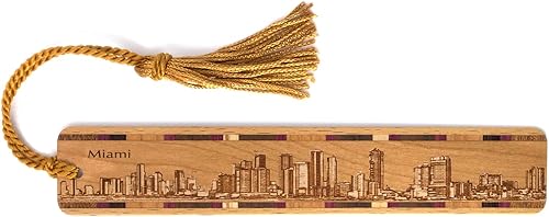 Miami Florida City Skyline - Marcapáginas de madera grabado con borla, fabricado en Estados Unidos