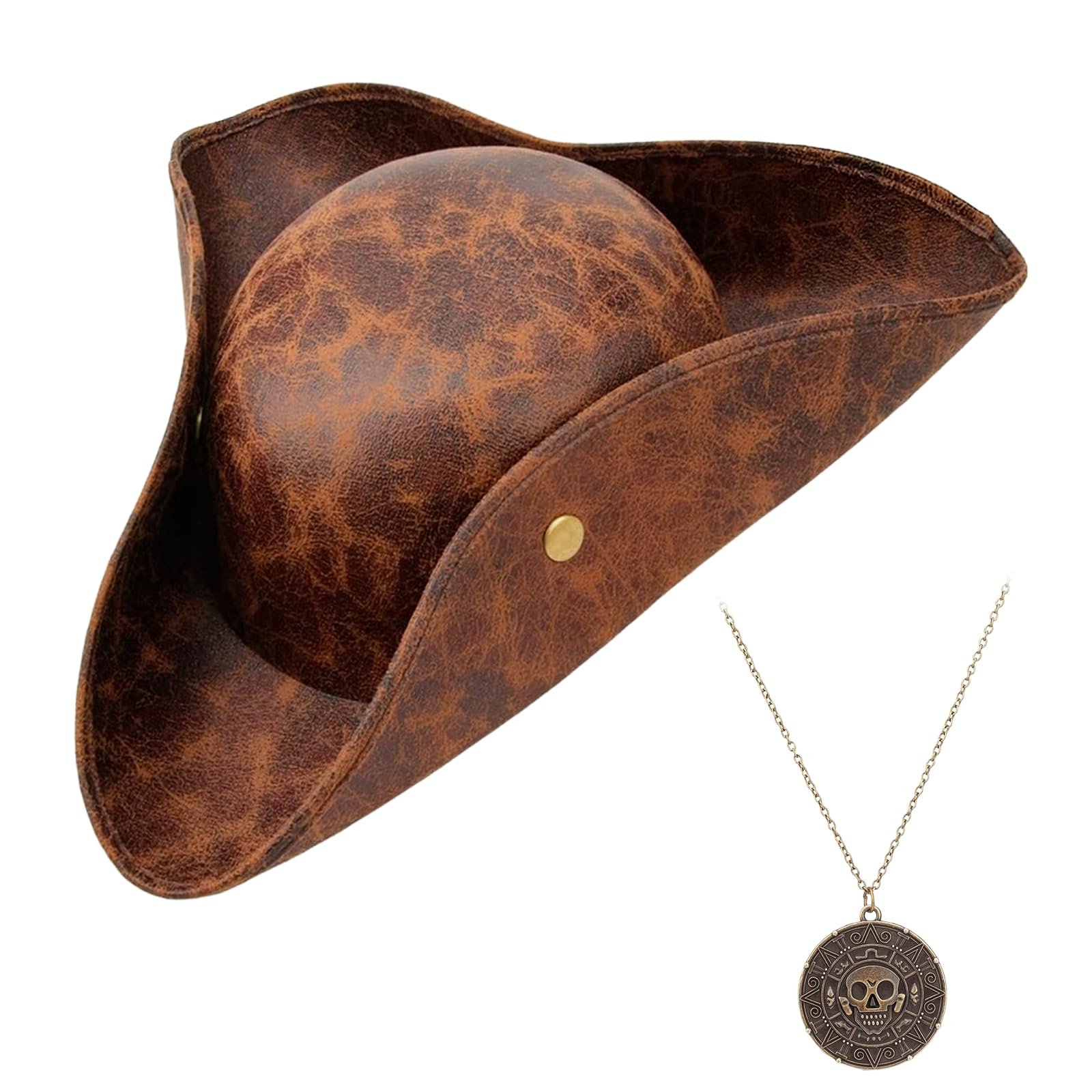 Dazzroi Brown Pirate Hat for Adults, 2Pcs Pirates Costume Accessories Set with Brown Tricorn Hat Bronze Necklace, Medieval Colonial Style Pirate Accessories for Cosplay Party Dress Up Day