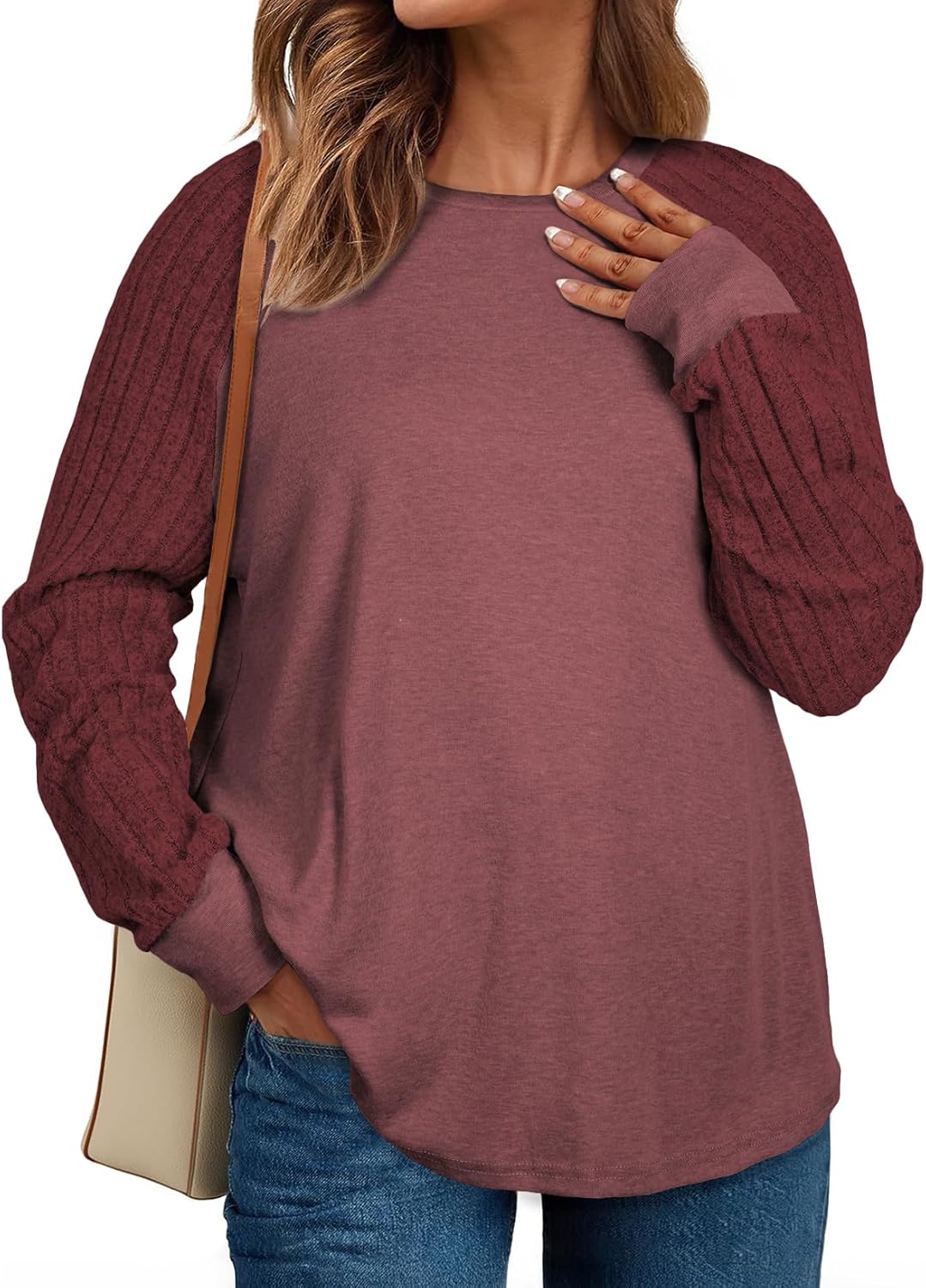 Eytino Plus Size Tops for Women Casual Crewneck Raglan Long Sleeve Shirts Loose Lightweight Tunics(1X-5X)