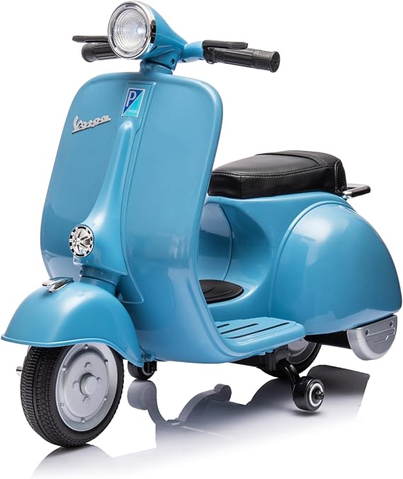 Electric Vespa Ride-On for Kids - LED Front Light, Music Playback via MP3/USB/SD, Emergency Stop - Classic Scooter Design (Blue)