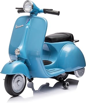 Electric Vespa Ride-On for Kids - LED Front Light, Music Playback via MP3/USB/SD, Emergency Stop - Classic Scooter Design Blue