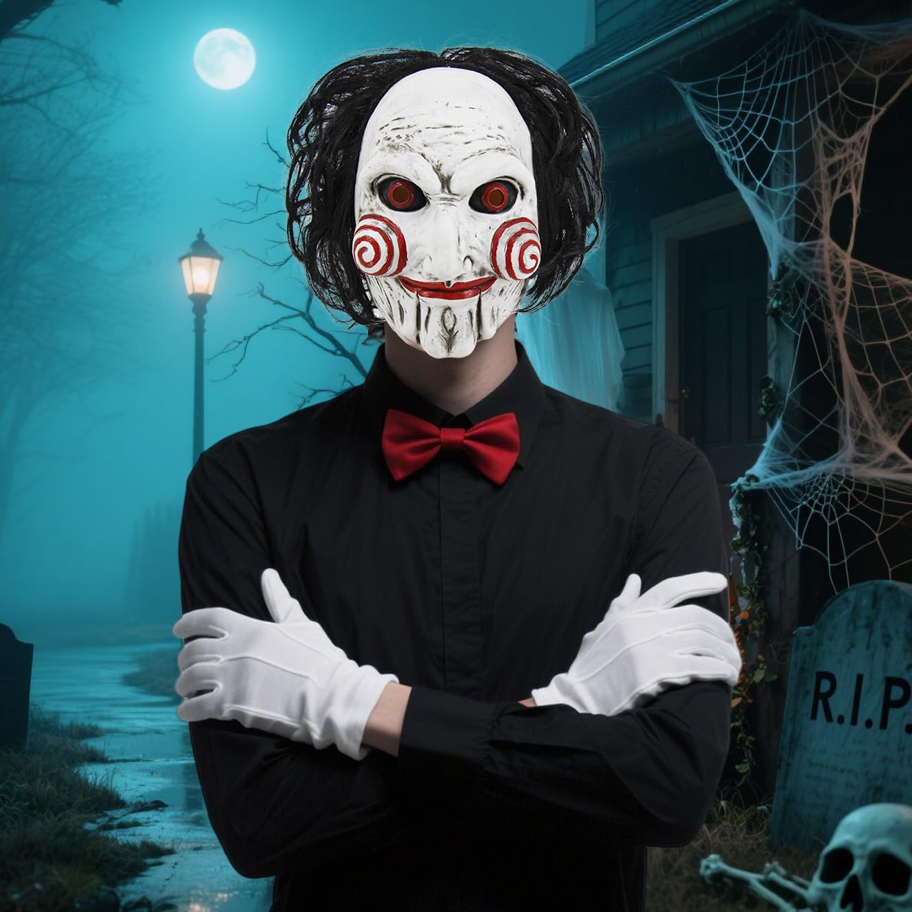 Oumbivil Saw Billy Costume Mask Adult Horror Movie Full Head Latex Mask with Hair Scary Halloween Costumes Clown Puppet Cosplay with Red Bow Tie and Gloves Party Masquerade Props OU084