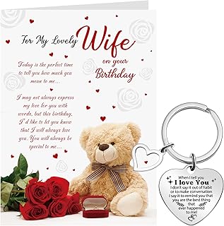 Wife Birthday Gifts to My Wife Card from Husband Happy Birthday Wife Card Greeting Card Nice Words Anniversary Card with White Envelope I Love You Wife Keychain Set for Her