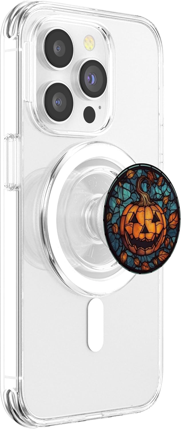 Halloween Pumpkin Stained Glass Black Autumn Leaves PopSockets PopGrip for MagSafe
