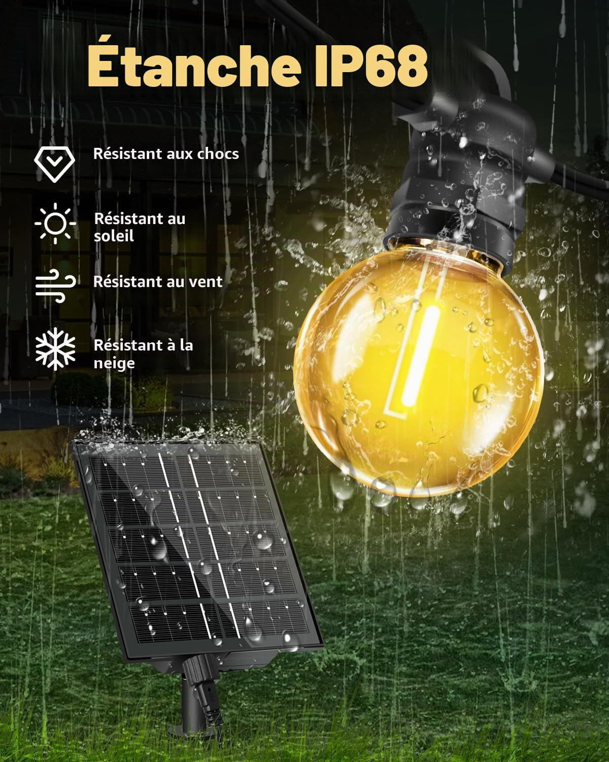 Bowfar Guirlande lumineuse solaire d'extérieur, 20M 33 + 2 ampoules G40, avec télécommande, étanche IP68, 8 modes d'éclairage Guirlande Guinguette pour jardin, balcon, terrasse, décoration extérieure