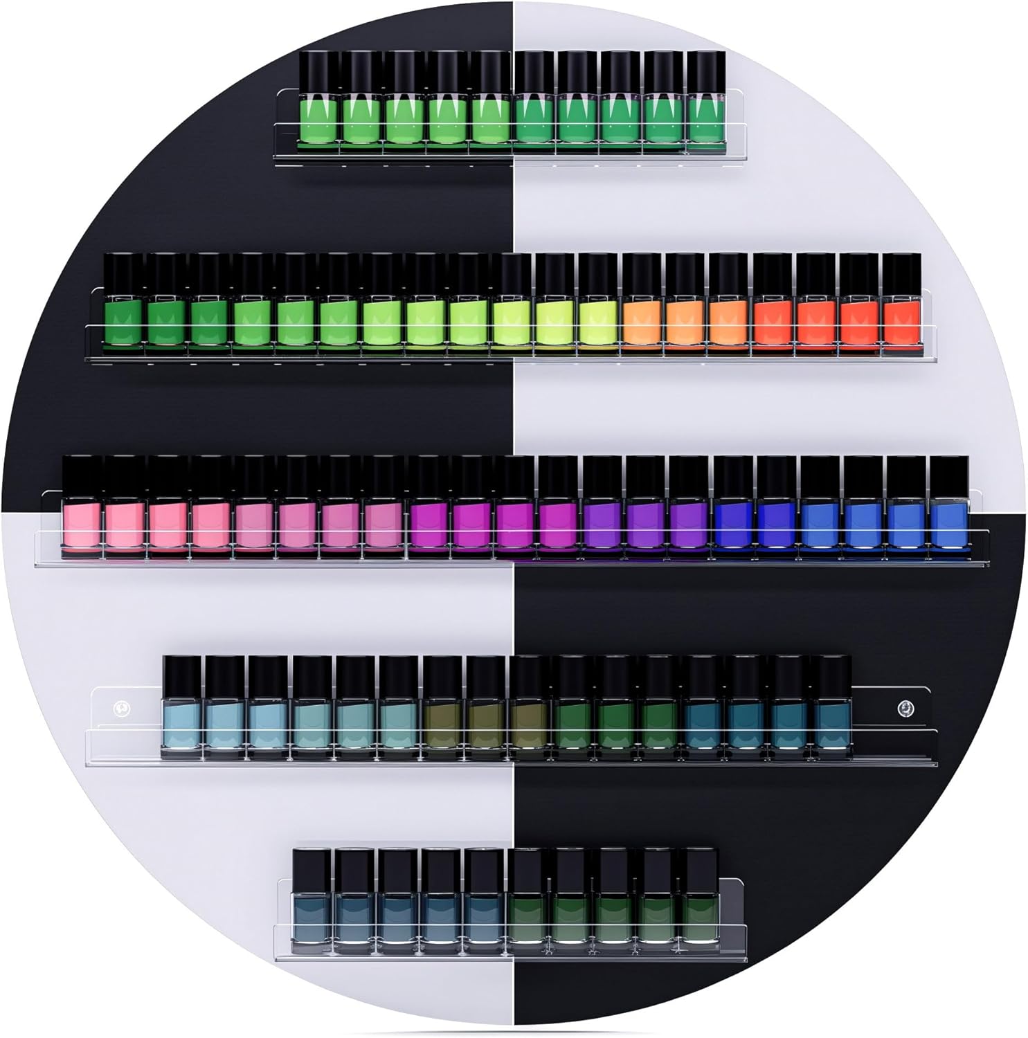 Wall Mount Nail Polish Rack, 5 Layers Round Nail Polish Organizer, Nail Salon Storage Display Shelves Perfume Essential Oil Bottles Holder w/Acrylic Baffle, White + Black