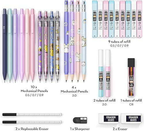 Miniatura 3 de Nicpro Juego de 32 lápices mecánicos en estuche, 14 lápices estéticos pastel de 0.5, 0.7, 0.035 in y 0.079 in, 12 tubos de recambios de plomo