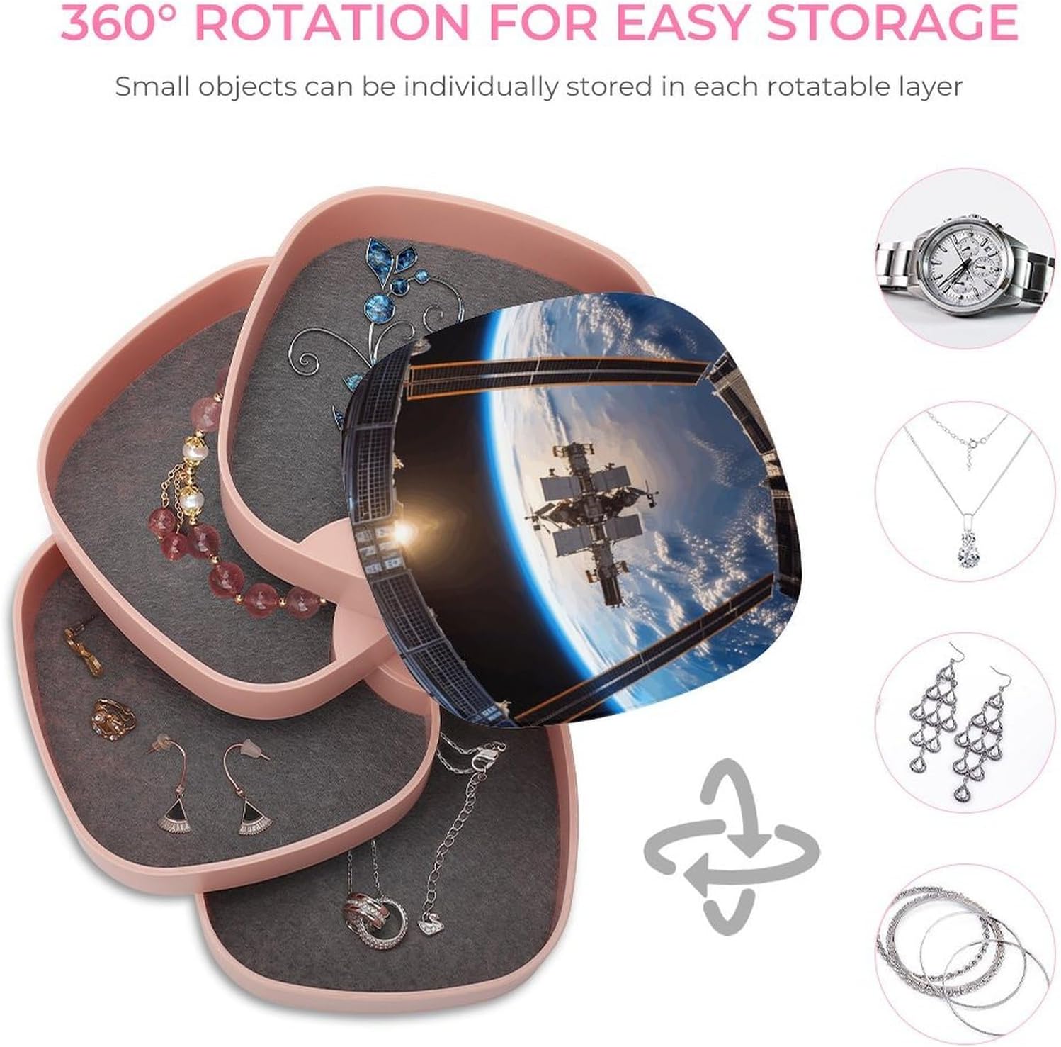 International Space Station Picture Jewelry Box 360° Rotating Jewelry Organizer with 4 Layers Spacious Vertical Earring Organizer Cylindrical Jewelry Case for Bracelets Rings Bracelets image 4