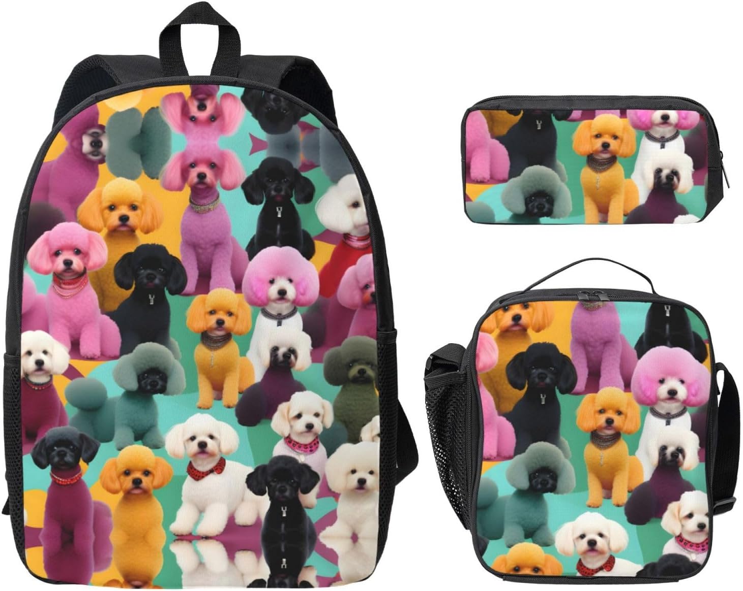 Poodles Dogs Backpacks With Lunch Pack Pencil Case, Lightweight Bookbag For Camping Excursions