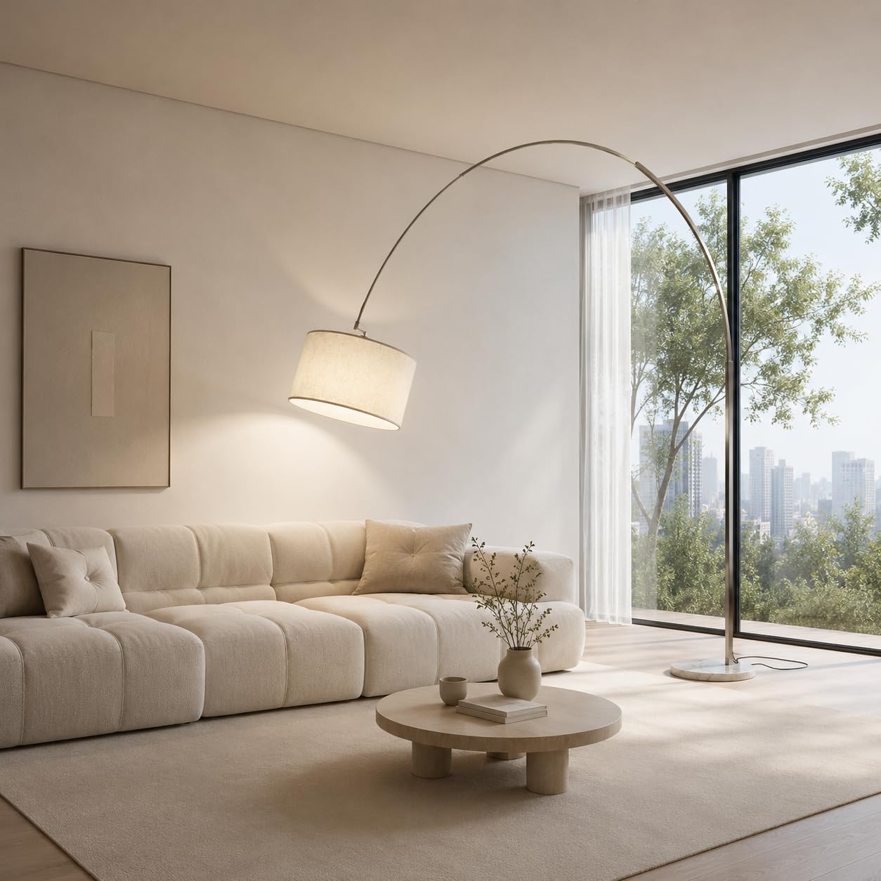 Alpinaluz lampada da terra ad arco grande 240 x 220 cm, base in marmo bianco naturale, paralume in tessuto beige orientabile Ø50 cm, design moderno, attacco E27, per soggiorno e sala da pranzo
