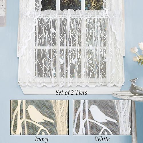 Miniatura 4 de Collections Etc Cortina de encaje para ventana de café con pájaros cantores y ramas, marfil, 56 x 24 pulgadas