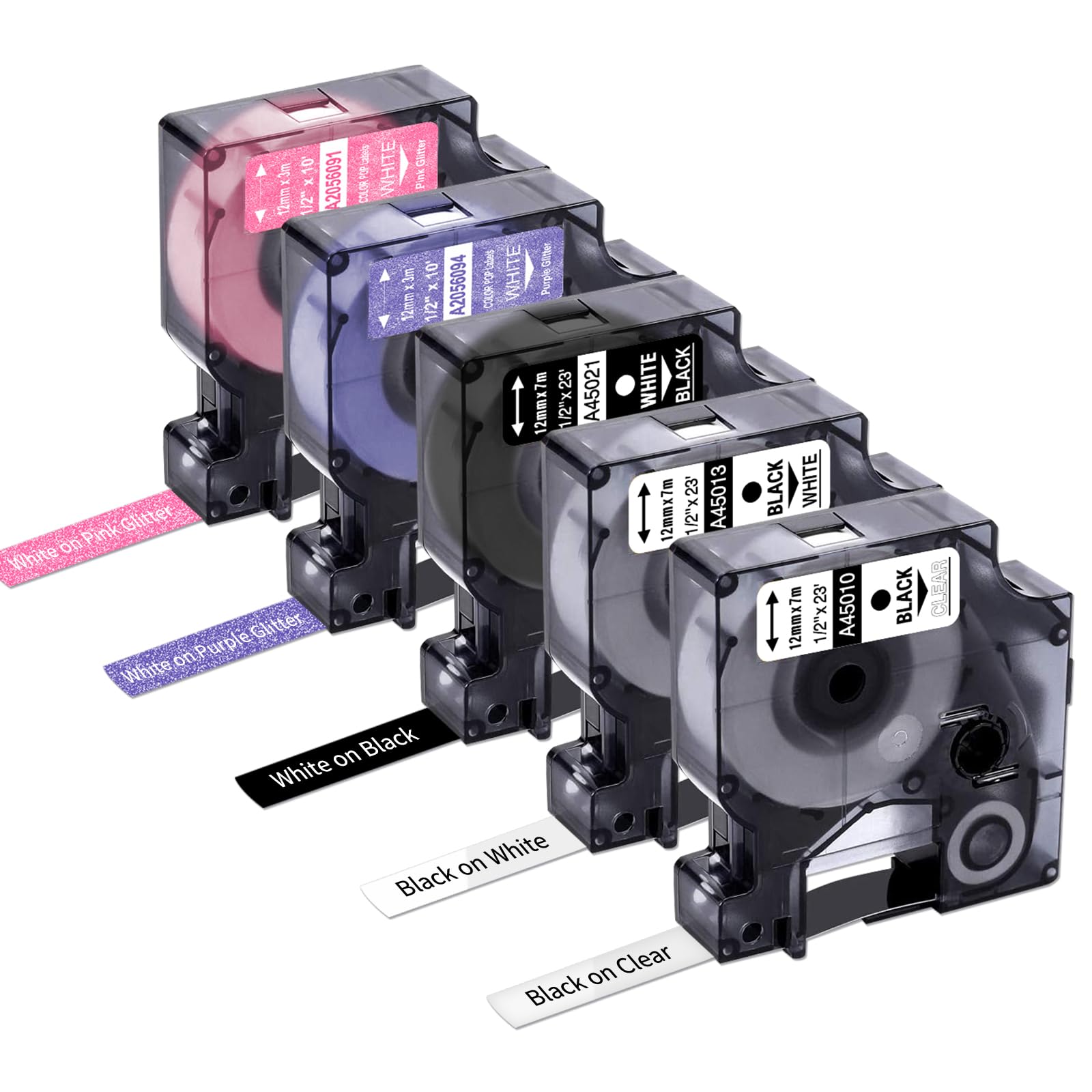 Freshworld Compatible with Dymo D1 Colorpop 12mm 0.47" Label Tape 45013 D1 Label Refills, for COLORPOP Maker Labelmanager 160 280 360D 420P PnP, Clear/White, Black/Purple/Pink Glitter, 5-Pack