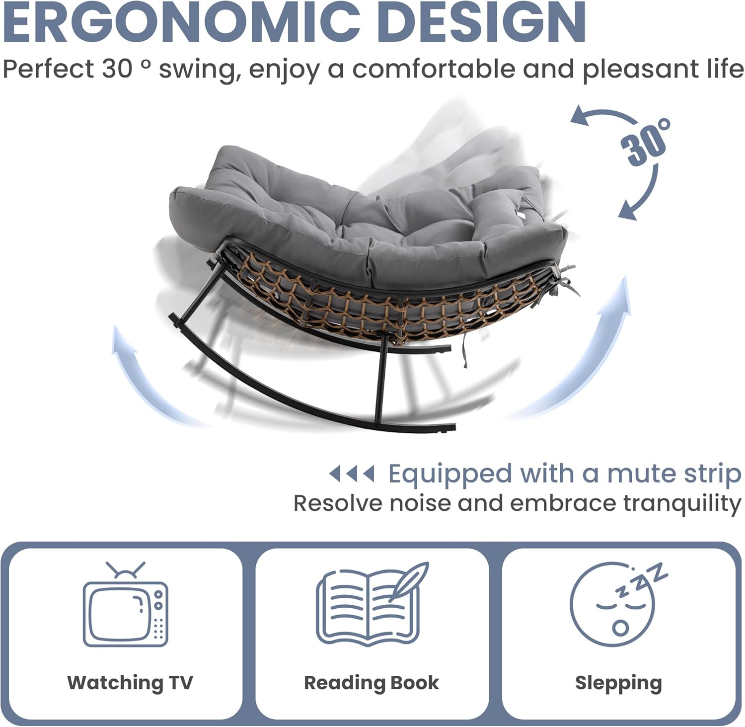 COSIEST Oversized Papasan Rocking Chair with Extra Thick Cushion - 58 in Rattan Wicker Egg Chair for Indoor/Outdoor Use, Swivel Lounge Chair for Patio, Living Room, Bedroom, Grey