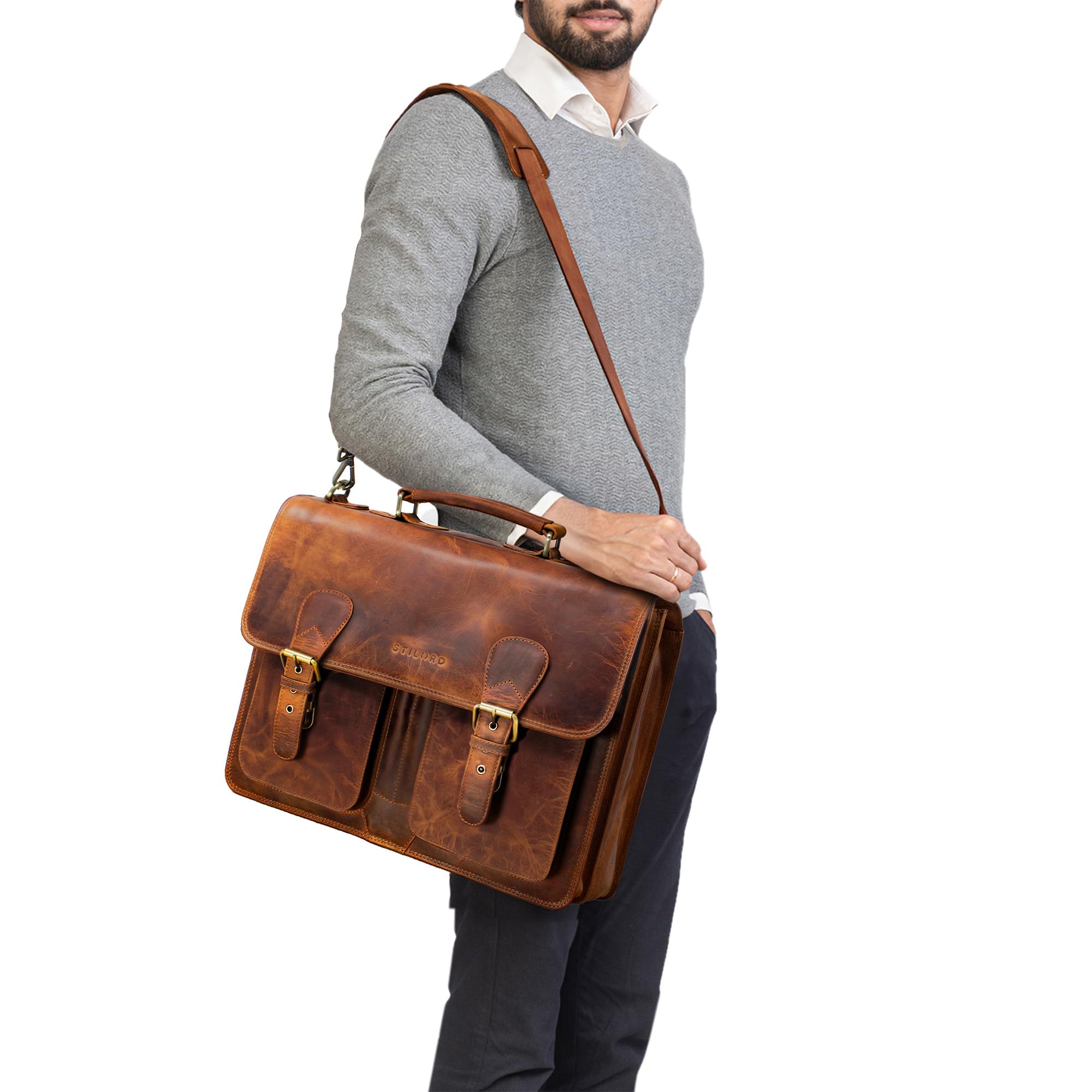 STILORD Denver Vintage Aktentasche Leder Herren Cognac - Männer Arbeitstasche Leder-Tasche 15.6 Zoll Laptop Bürotasche Große Business Umhängetasche Echt-Leder Lehrertasche
