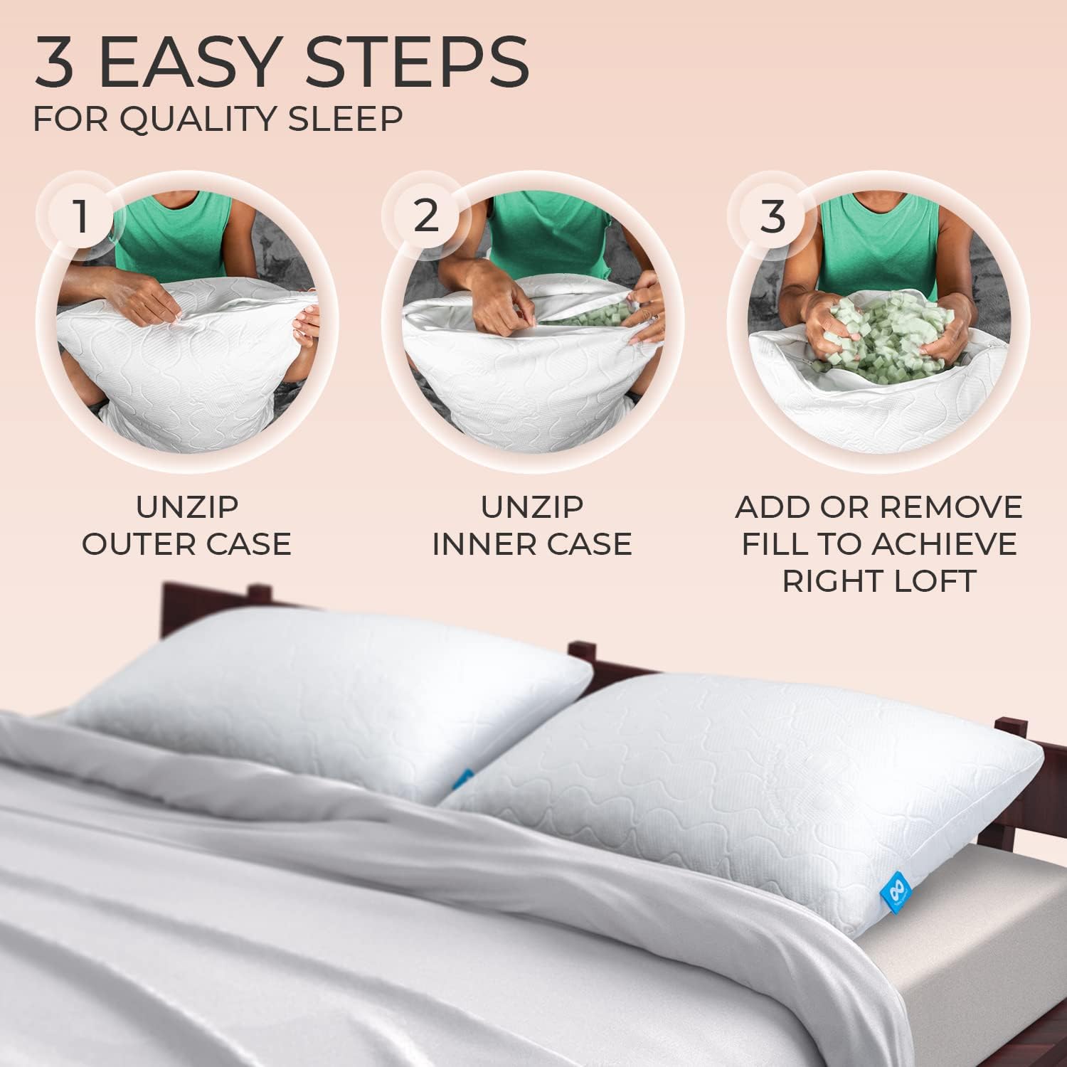Everlasting Comfort Adjustable Pillow - Green Tea Shredded Memory Foam Pillow with Customizable Loft for Back, Stomach, Side Sleepers - Hypoallergenic Bamboo Cover and Cooling Pillowcase (King)