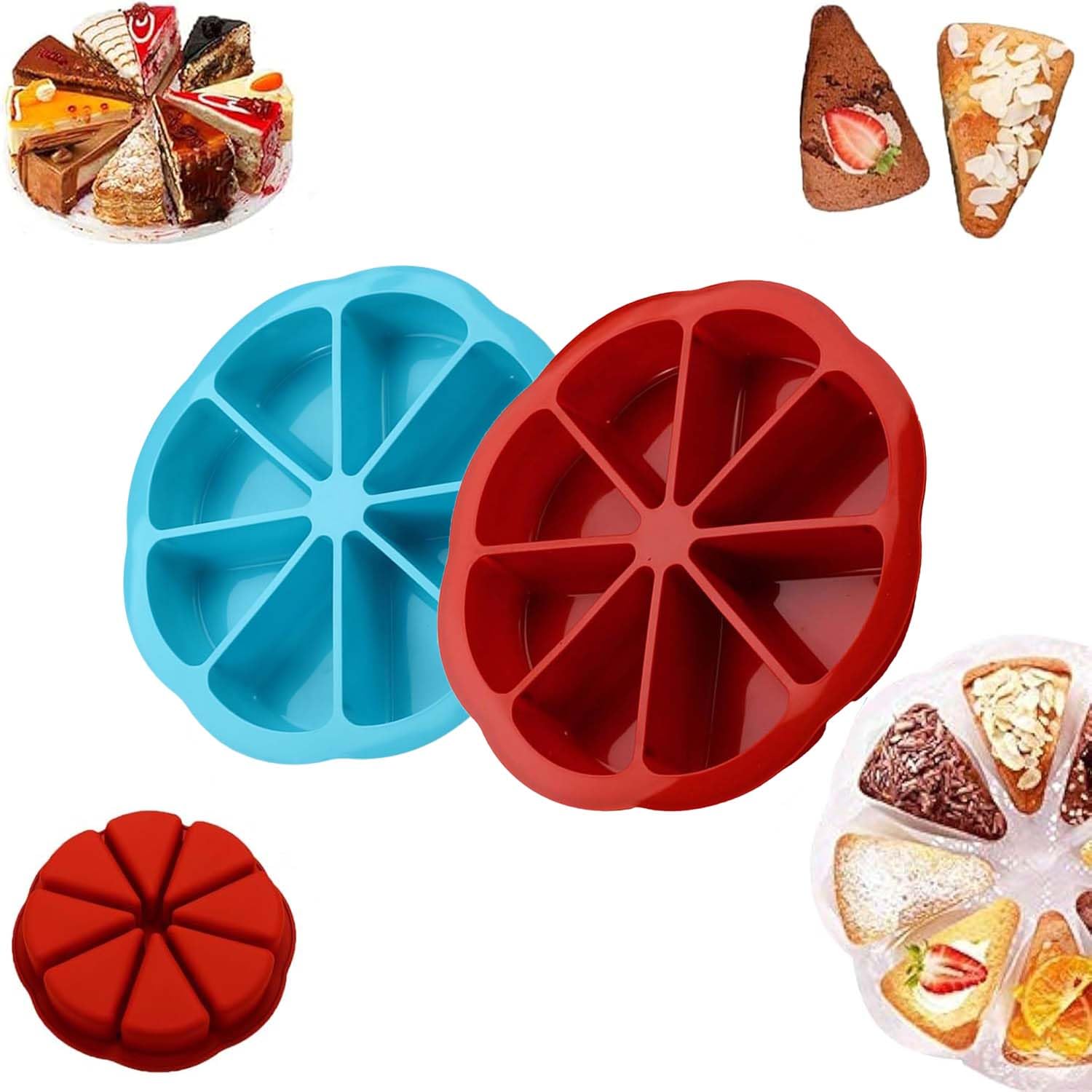 Silikon-Kuchenform mit 8 Mulden, antihaftbeschichtet, Pizzascheiben, Kuchenform, dreieckige Kuchenform, hitzebeständiges Backwerkzeug für Brownies, Muffins, Scone Pizza, Seife (2 Stück blau + rot)