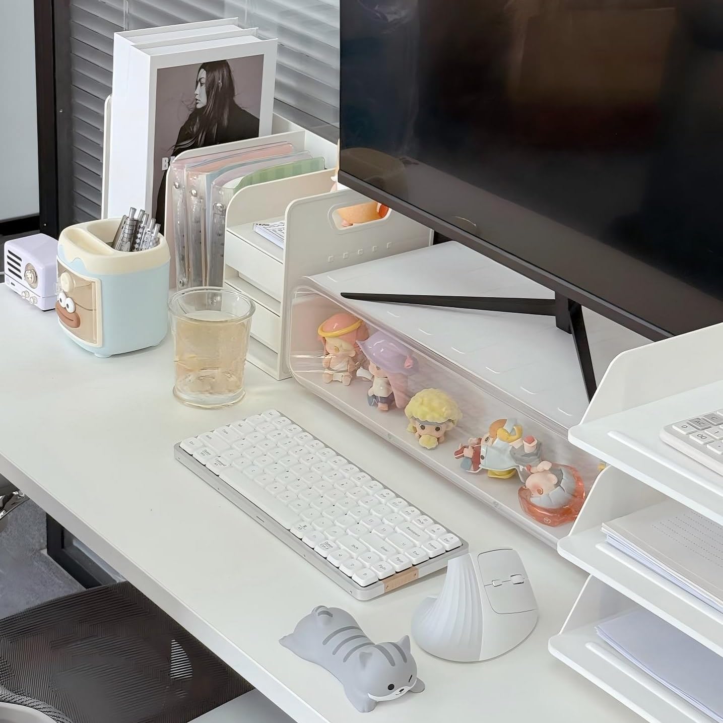 Supporto Monitor Scrivania, Supporto PC Portatile, Supporto Schermo PC da Tavolo Ergonomico, Laptop Computer Monitor Stand con Cassetto Portaoggetti, Accessori Scrivania, Bianco（37x21x13cm）