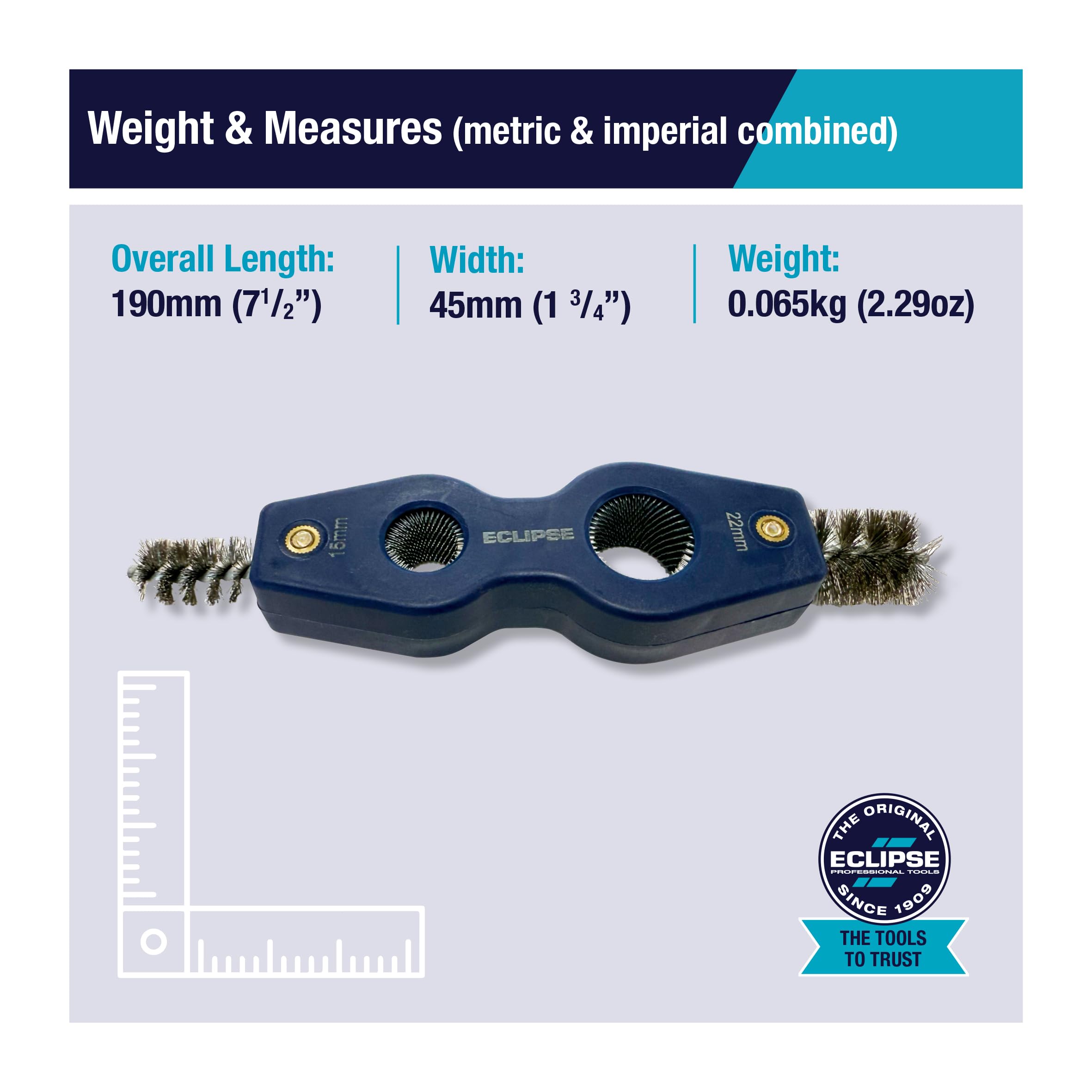 Eclipse Professional Tools E4IN1PCDT Narzędzie 4w1 do Czyszczenia i Gratowania Rur – czyszczenie wewnętrzne/zewnętrzne rur 15 i 22 mm, szczotka stalowa, usuwa rdzę i korozję