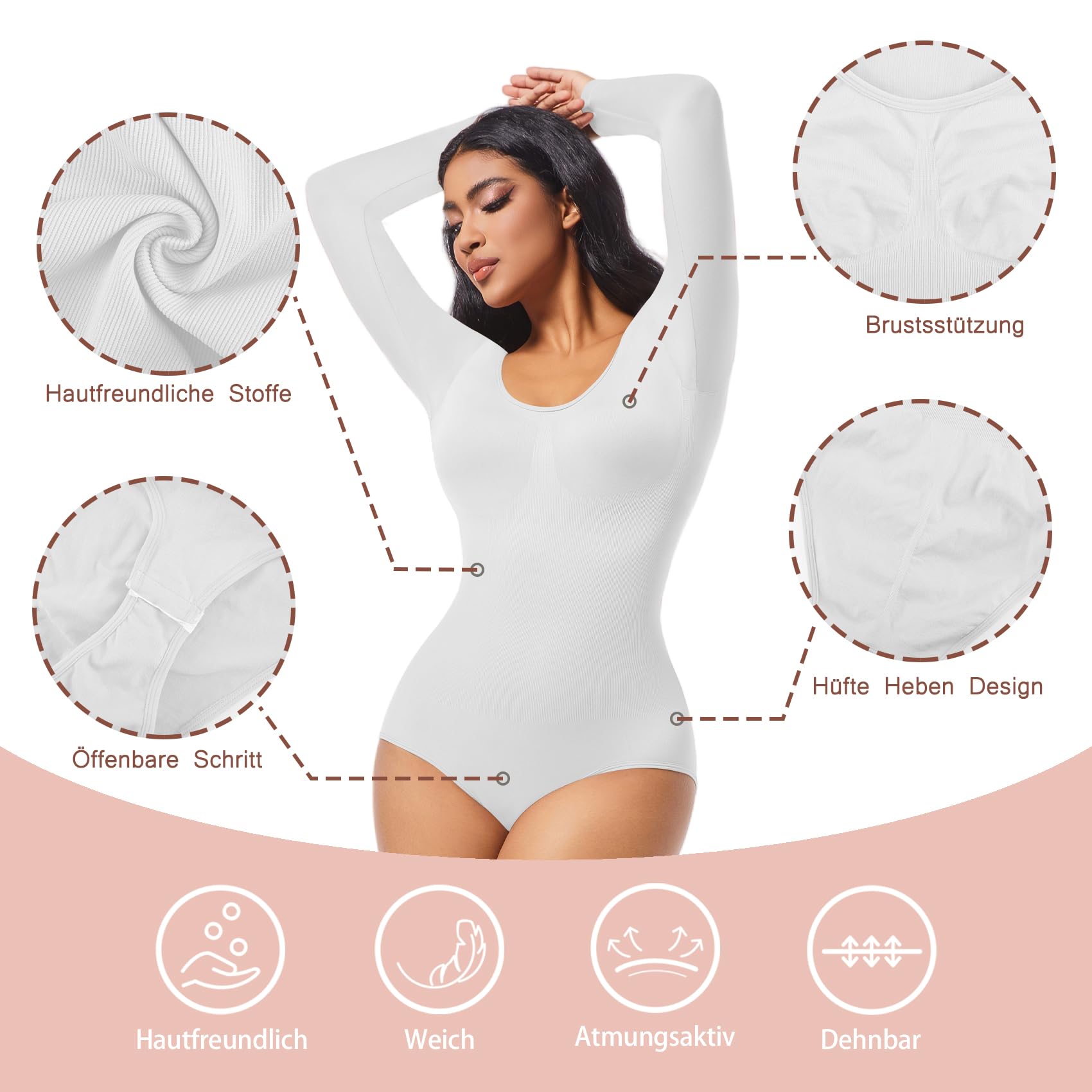 ONEW Damen Body Bauchweg Shapewear Bodysuit U-Ausschnitt Langarmbody Rundhals Unterhemd Butt Lifting Miederbody Body Shaper