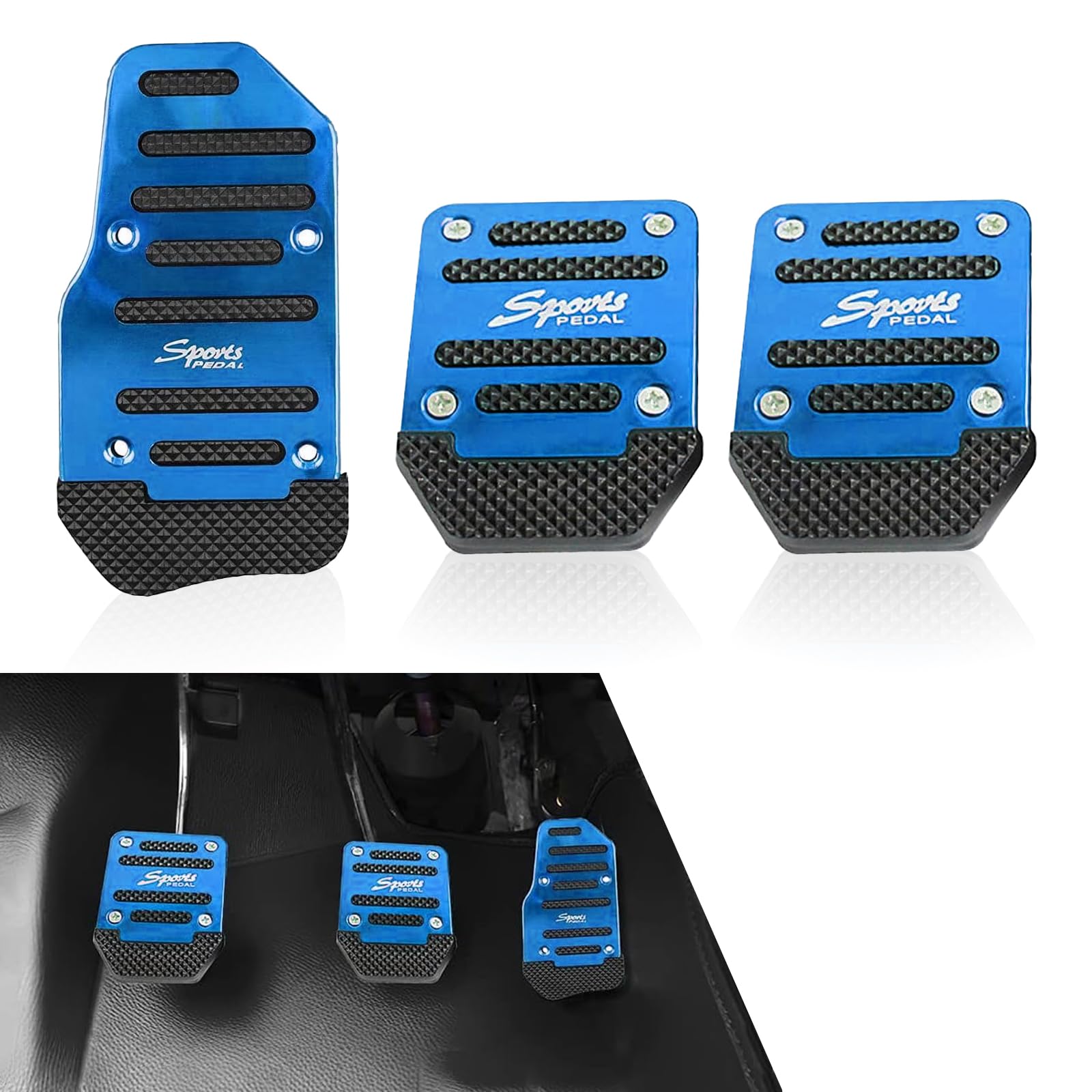 3 PCS Car Throttle + Brake + Clutch Pedal Kit, Thickened Alloy + High Elastic Striped Rubber Anti-Slip Transmission Pedal Cover Anti-Friction Pedal, for Most Manual Transmission Cars (Blue)