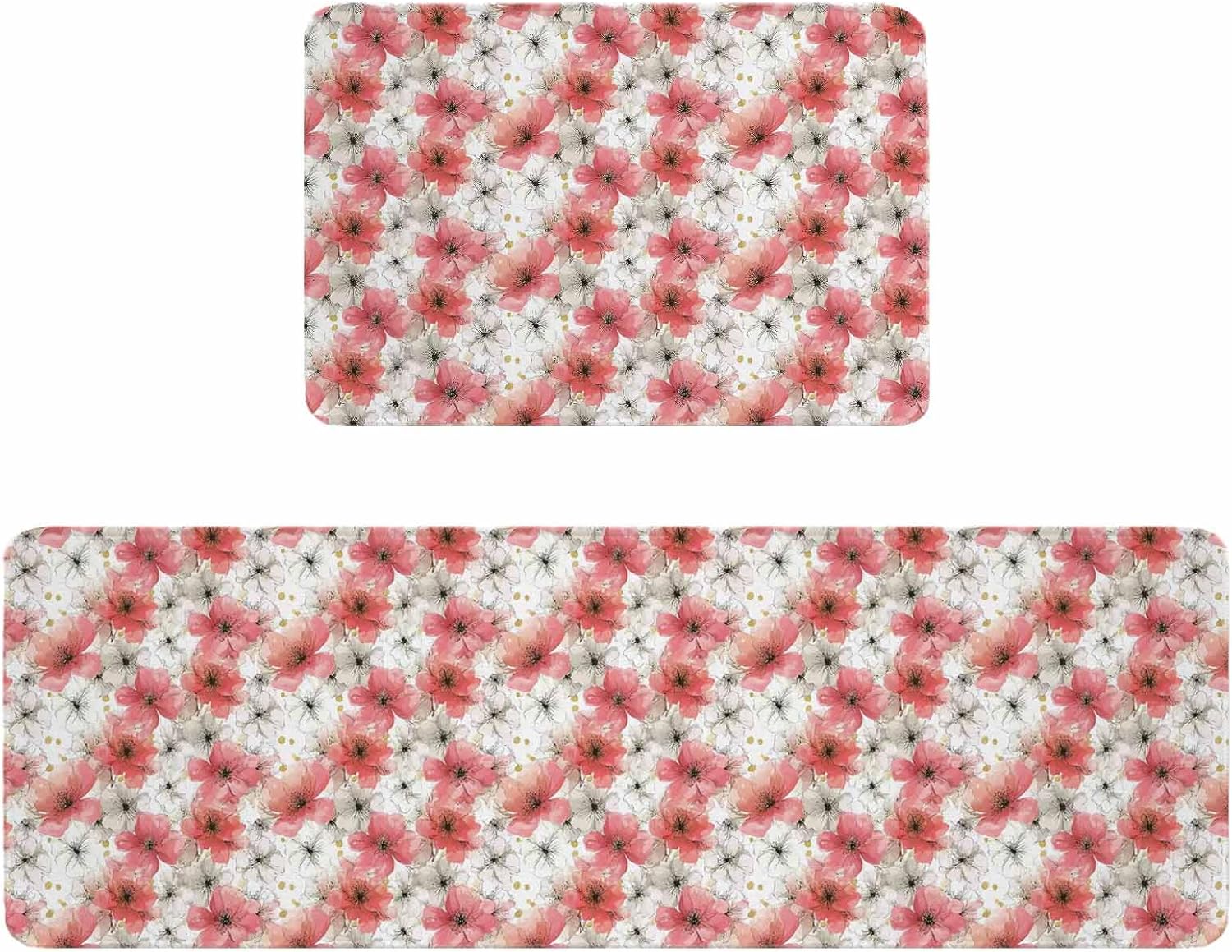 Spring Flowers Kitchen Rugs and Mats Set of 2, Non-Slip Kitchen Sink Mat, Farmhouse Chinese Pink White Floral Washable Doormat Bathroom Rugs Runner for Bedroom/Living Room 23.6"x35.4"+23.6"x70.9"
