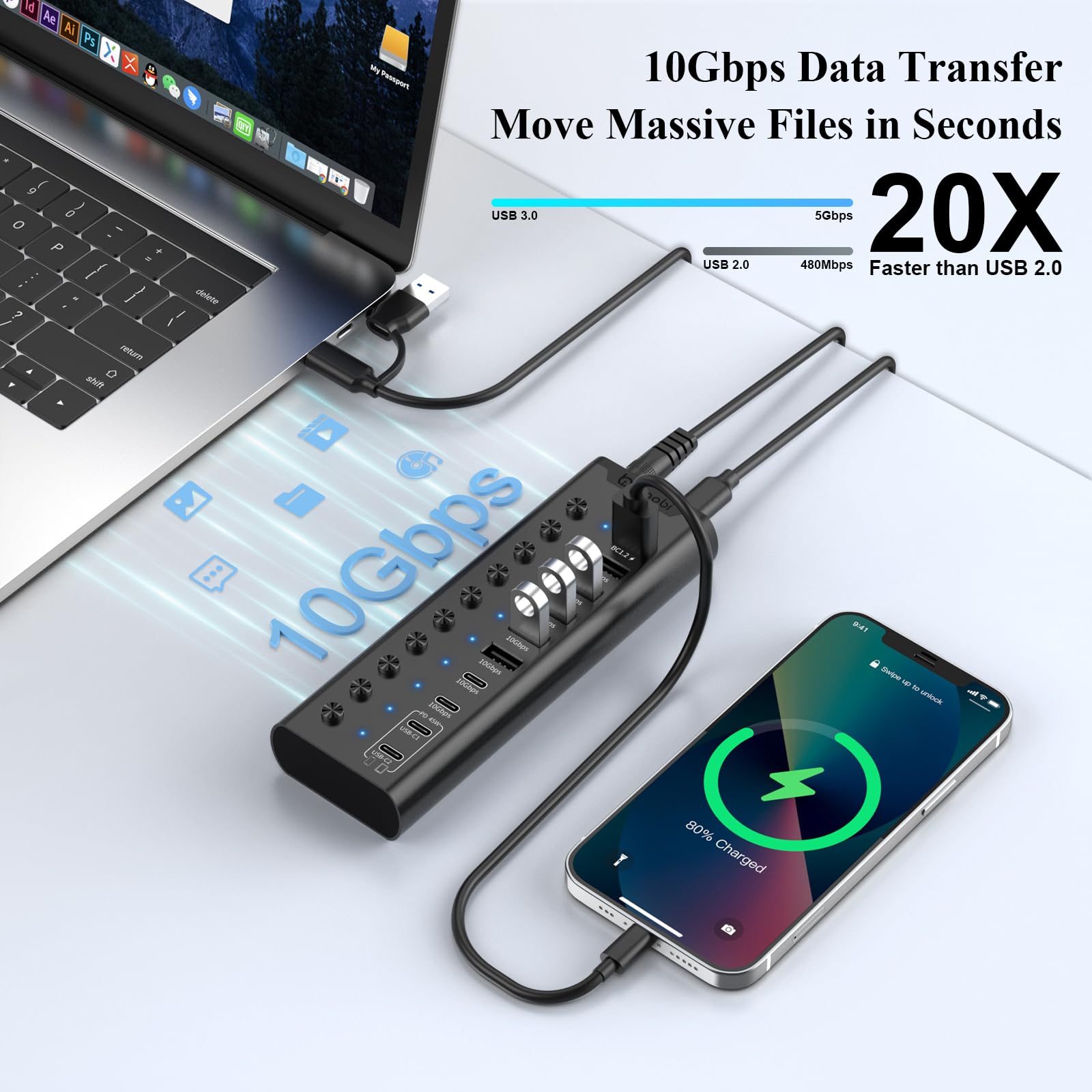 Aktiver USB-Hub, 10-Port USB-C-Hub mit 5X USB-A 3.2 und 2X USB-C 3.2, BC1.2 & 2X PD 45W Ladeports, Einzelschalter, 24V/3A Netzteil, USB-Erweiterung für PC UVM. (Schwarz).