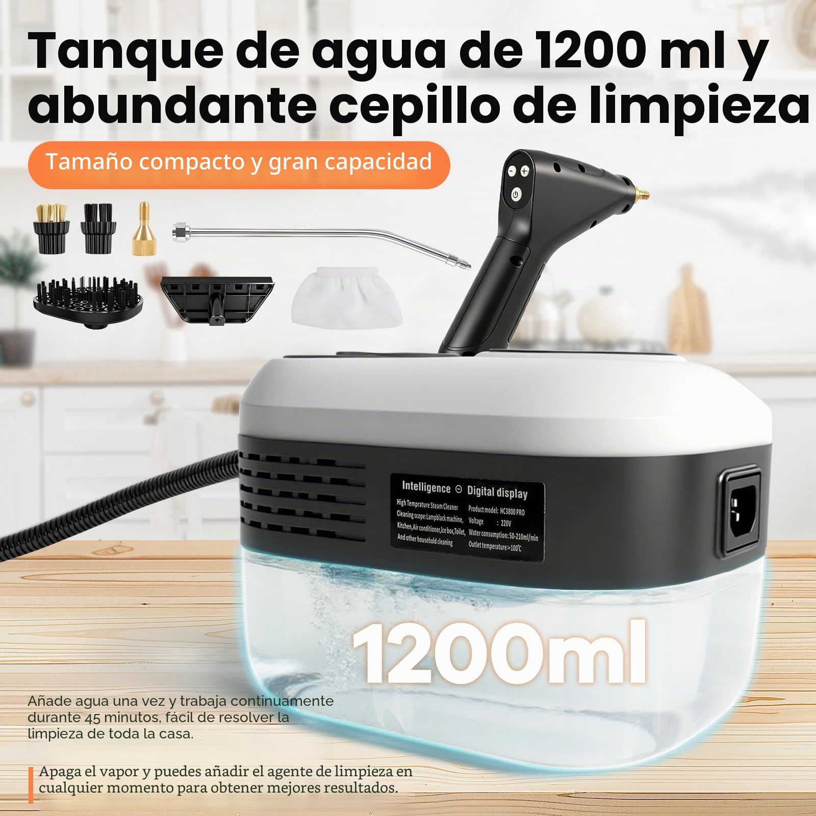 Vaporeta Limpieza Hogar 2500W, Limpiador a vapor multifuncional de alta temperatura para el hogar, Vaporeta de Mano con Depósito de Agua 1200ML, Mango Regulable en 6 Niveles (Blanco y negro)