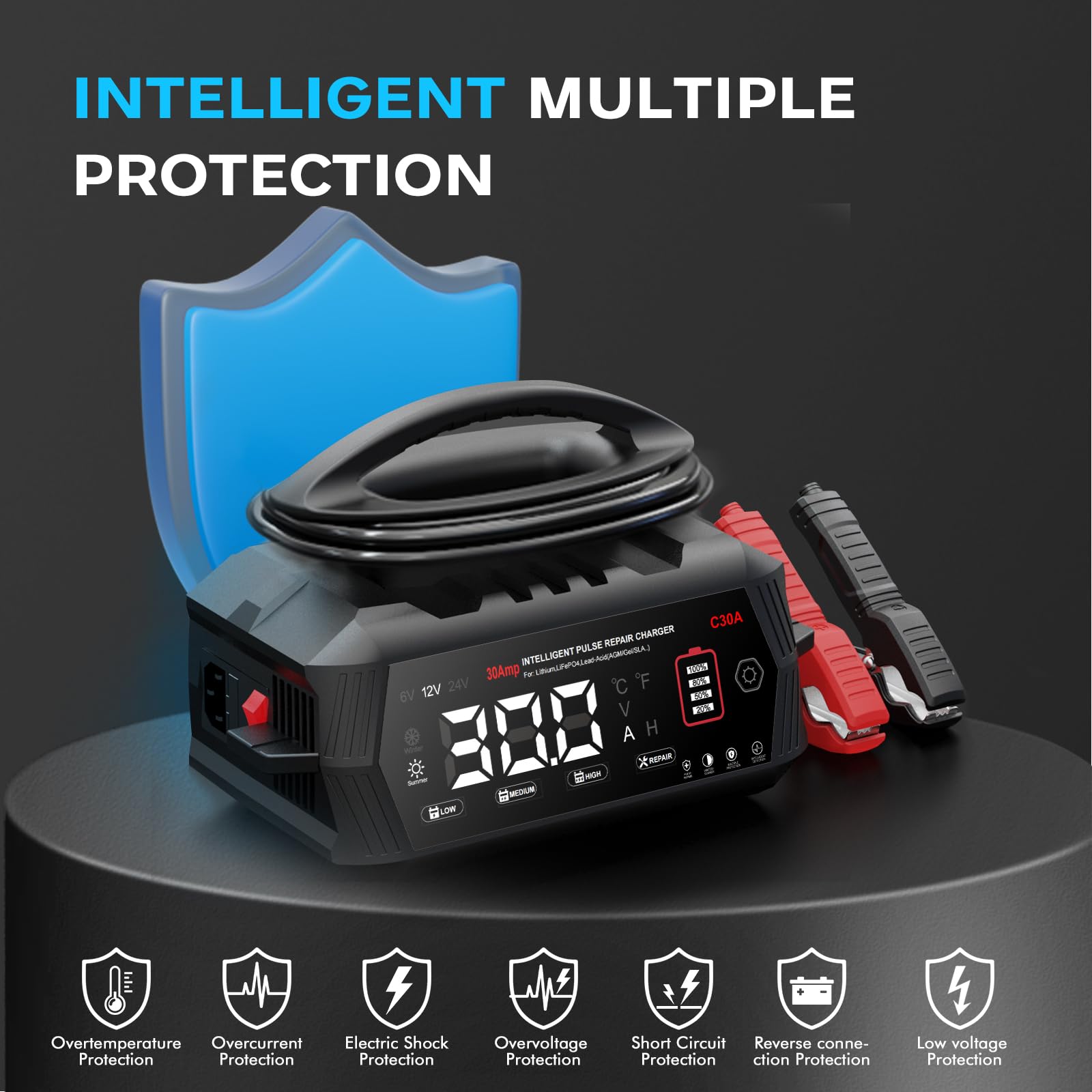 Haisito Caricabatterie per auto C30A, 6 V/12 V/24 V, 30 A, per camion, veicoli agricoli, navi, ecc., batterie al litio, LiFePO4 e batterie al piombo acido (AGM, Gel, MF, EFB, SLA, VRLA).
