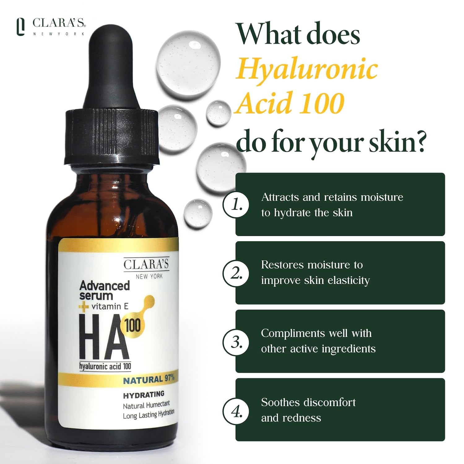 CLARA'S NEW YORK Hyaluronic Acid Facial Serum with Vitamin E – Hydrating & Moisturizing Face Serum – Lightweight, Fast Absorbing – 1 fl oz