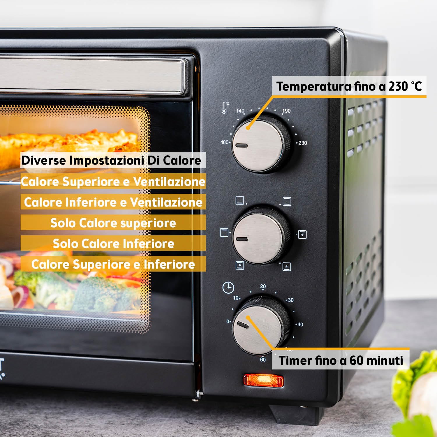 TZS First Austria - Mini Forno 30L 1600W - Fornetto con regolazione della temperatura fino a 230°C - Con timer di 60 min, 3 altezze di inserimento, teglia e griglia - Per cucine piccole e campeggio
