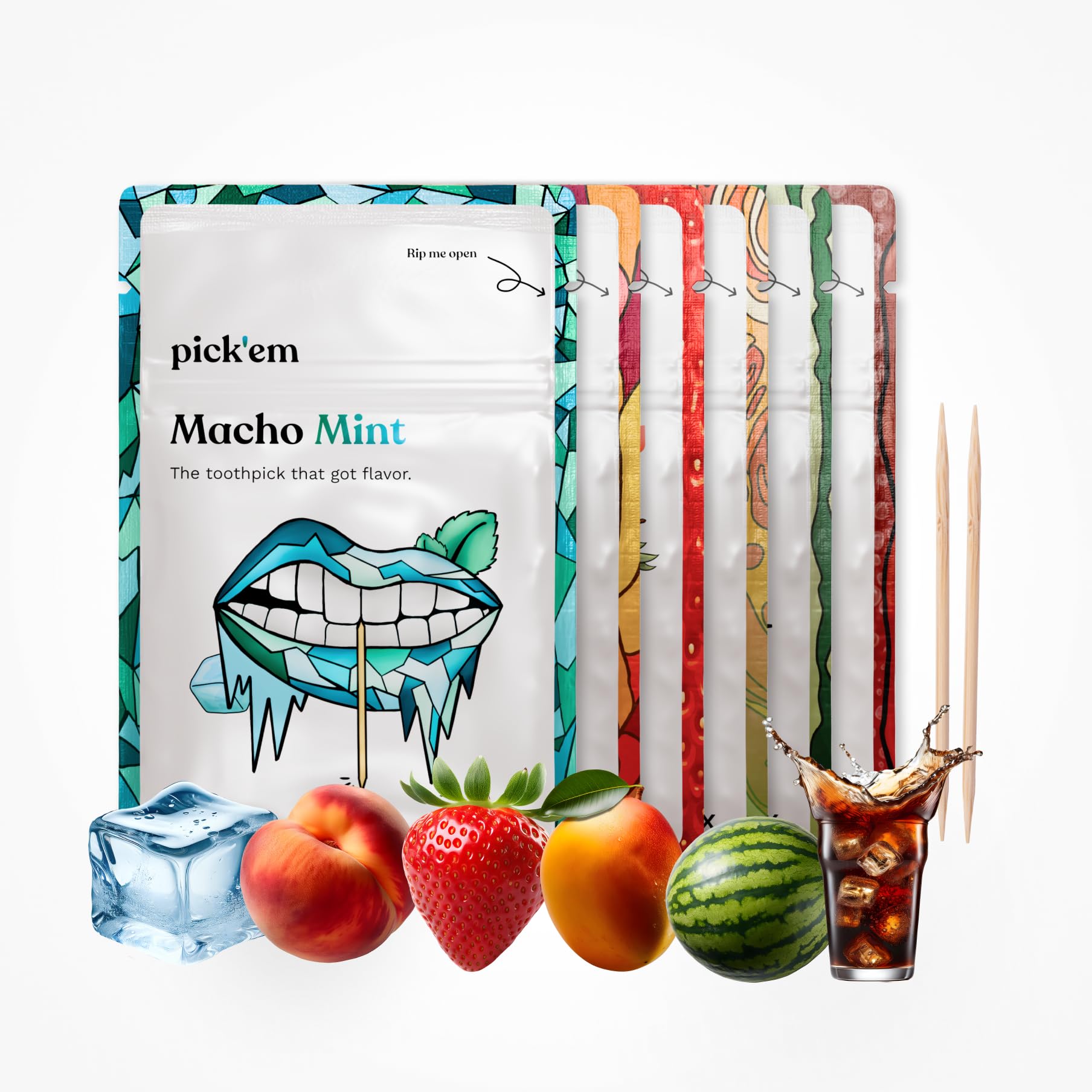 pick'em Zahnstocher mit Geschmack 6-Pack XXL [120x ZAHNSTOCHER MIT GESCHMACK] - Minze, Mango, Cola, Wassermelone, Pfirsich, Erdbeere - Zahnstocher mit Geschmack - aromatisierte Zahnstocher