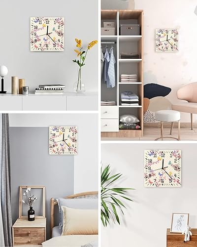 Miniatura 4 de Spring Florals Wooden Wall Clock Silent Non Ticking, Cherry Blossoms Pink Blooming Flowers Square Wall Clock Battery Operated, Decor Clock for Home