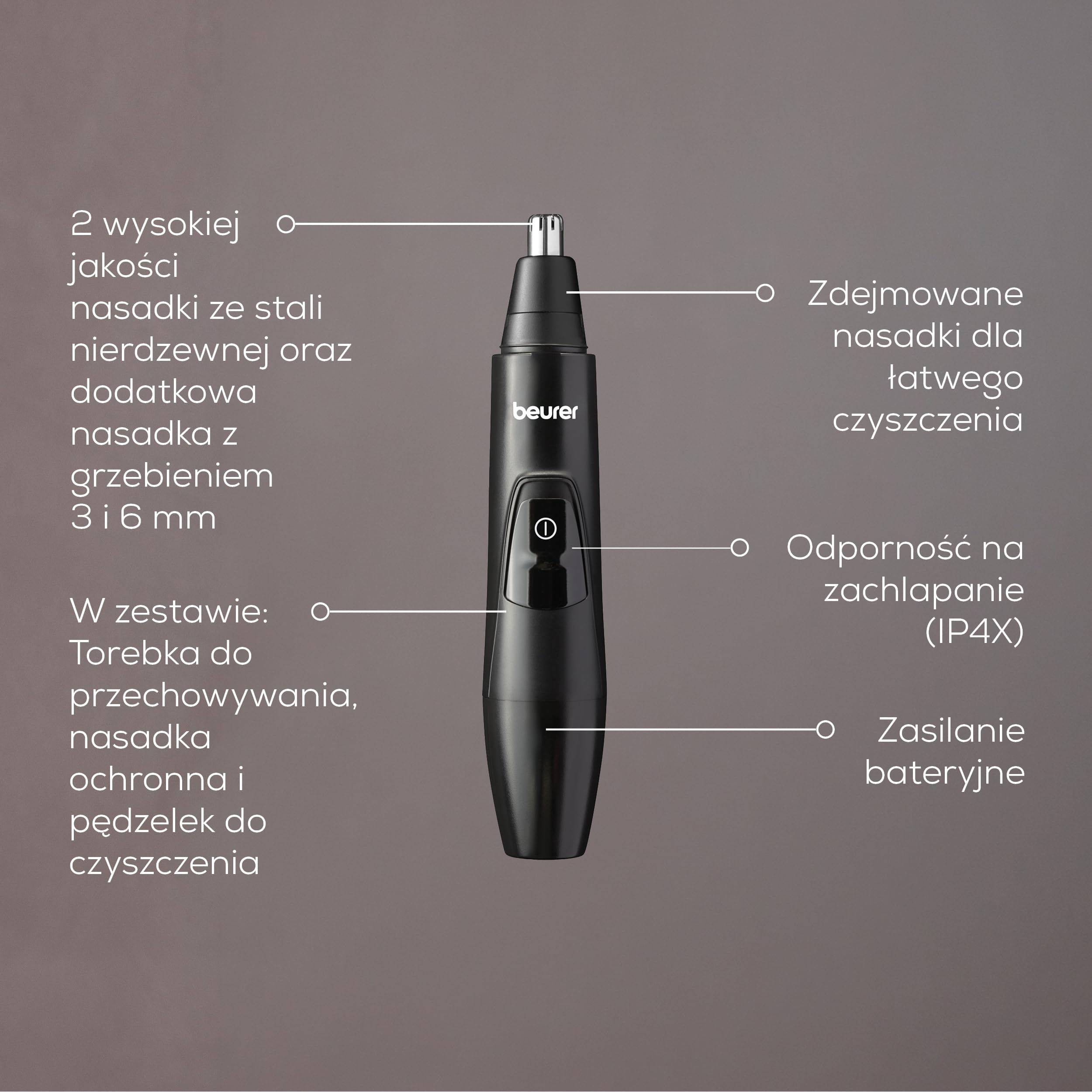 Beurer MN2X trymer precyzyjny, bateryjna Maszynka do strzyżenia włosów, 3 wysokiej jakości Końcówki, trymer do modelowania i przycinania włosków nosa, uszu i brwi, wodoszczelny