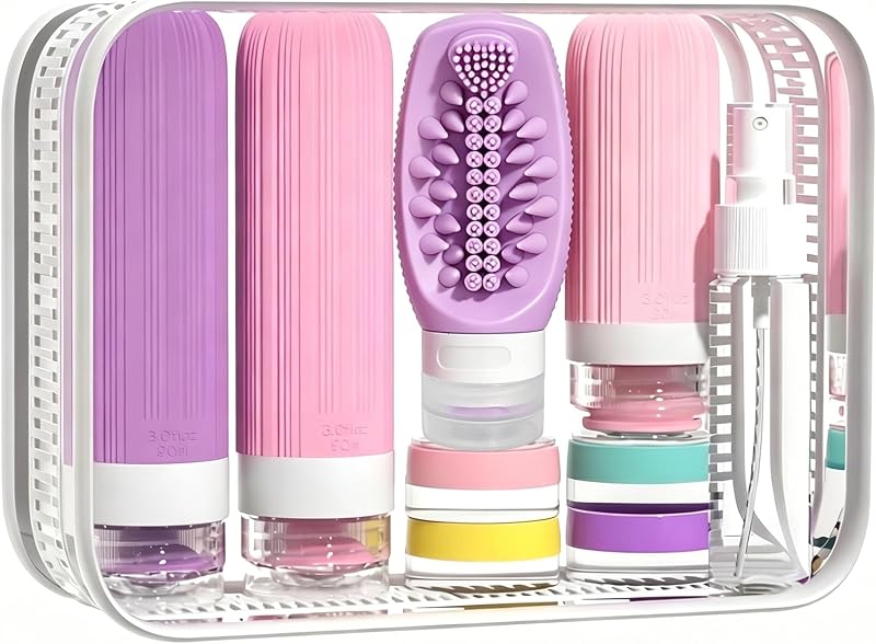 Kit de frascos recarregáveis Vitog para viagem com escova corporal, conjunto com 16 peças