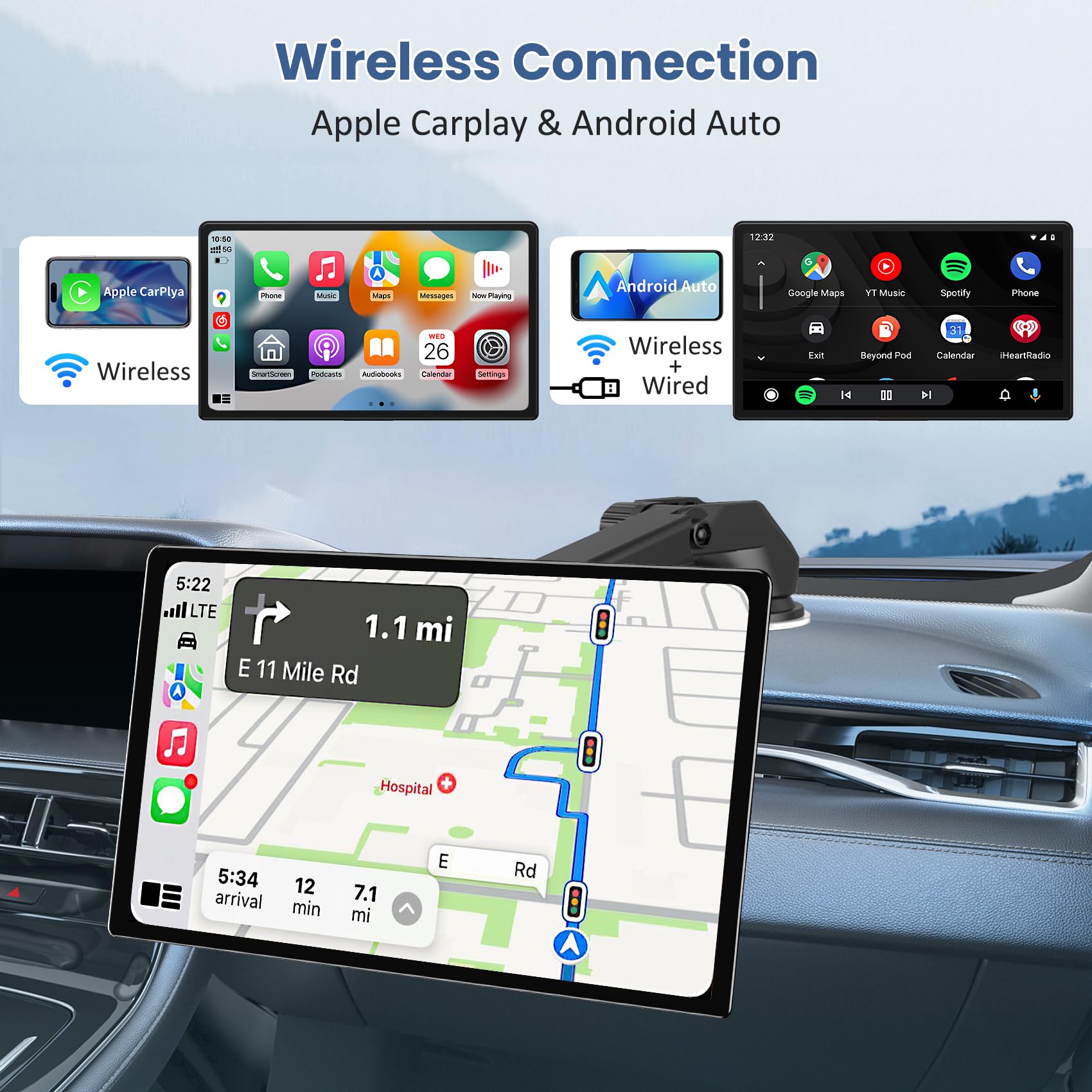 Largest 11.3" Portable Apple Carplay Screen, Wireless Car Play & Android Auto Touch Screen, Car Stereo with App View/4K Dash Cam/Backup Camera/Mirror Link/Voice Control/Music Play/GPS/Bluetooth/FM — view 2