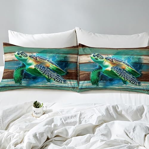 Miniatura 4 de Manfei Juego de funda de edredón de tortuga marina tamaño individual, funda de edredón con temática de animales marinos con 1 funda de almohada,