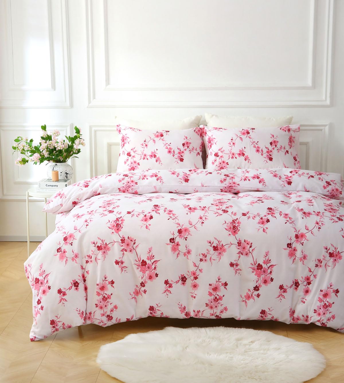 HOMEMAKER BEDDING Duvet Set with Flower Blooms, Quilt Cover Pillow Cases, Spring Summer (Pink/White, Double)