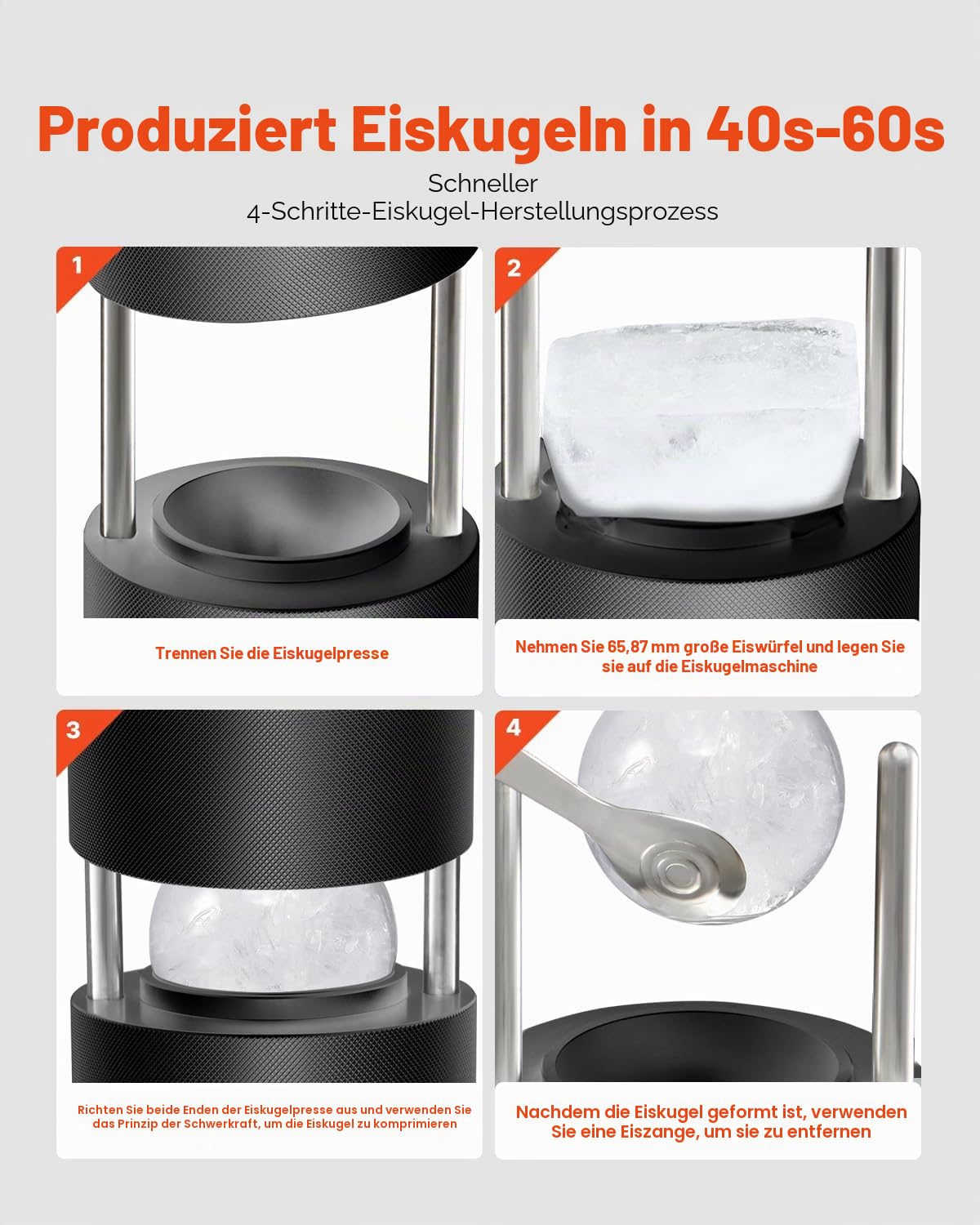 VEVOR Eispresse Eiskugelformer Set 60 mm Eiskugel aus Luftfahrt-Aluminium mit Eisblockform & großer Matte & Zange & Tropfschale & einem Glas, runder Eisballmaker, für Whisky Cocktail Partys Urlaub