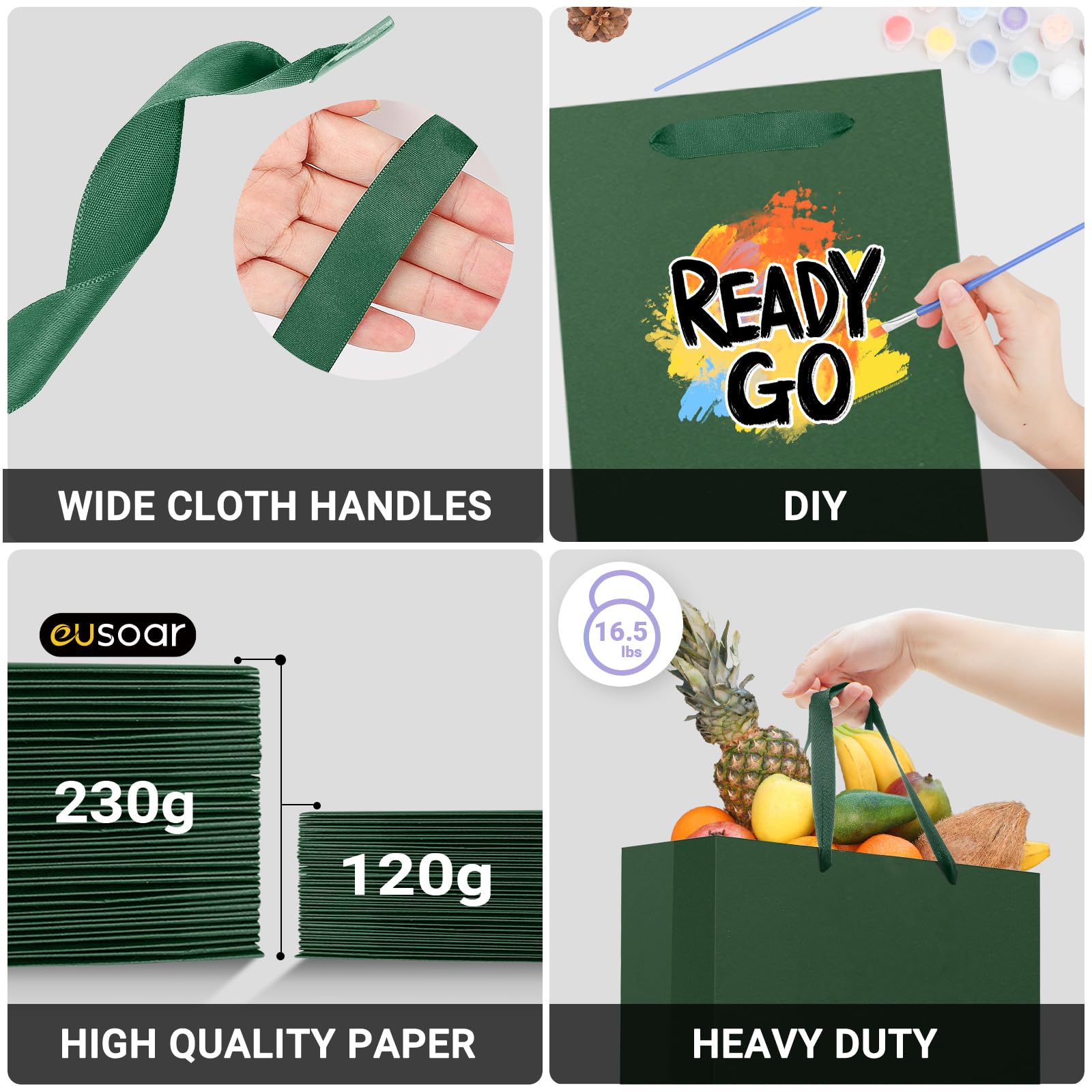 EUSOAR Geschenktüten mit Henkel - 30 Pack Dunkelgrün Gift Bags L 25x13x32cm - 230GSM Papiertüten Groß für Verpacken - Weihnachten Party Geschenktaschen Grün