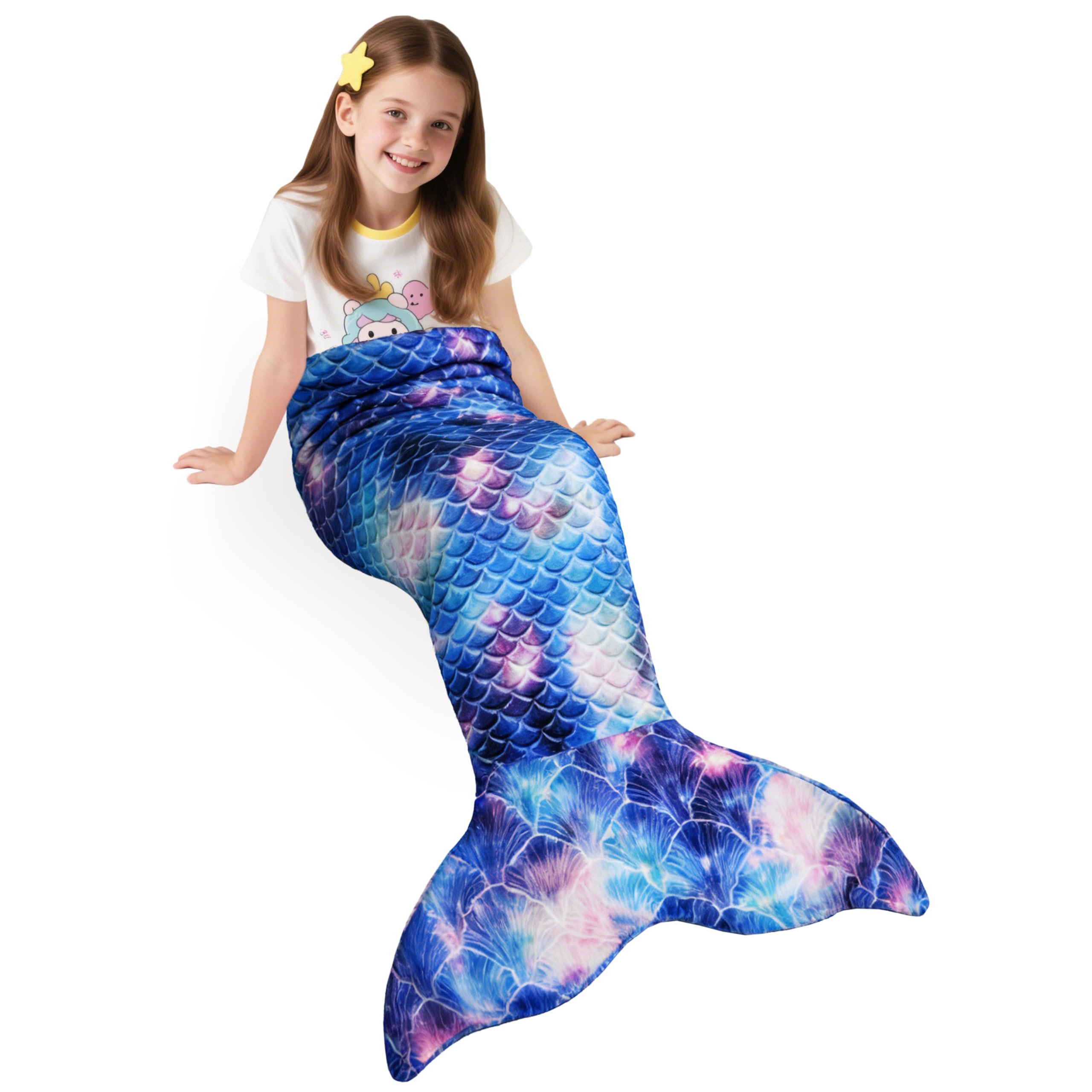 Catalonia Classy Mermaid Tail Blanket for Girls, Soft Plush Flannel Mermaid Sleeping Bag for Kids Fish Scale Pattern Lightweight Wearable Mermaid Snuggle Throw Birthday Gift Blue