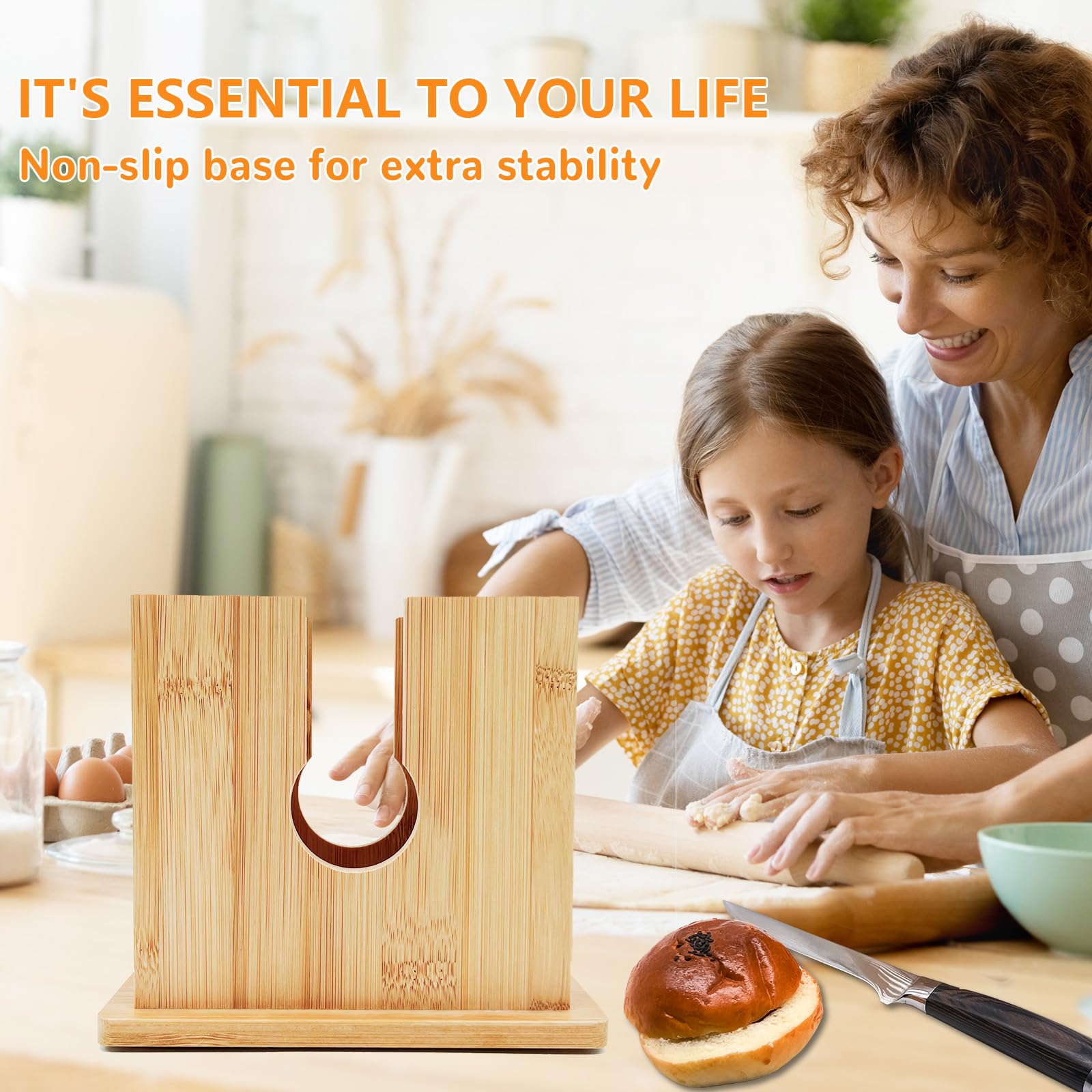 Bagel Slicer - Bamboo Bagel Cutter with Non-Slip Base -6