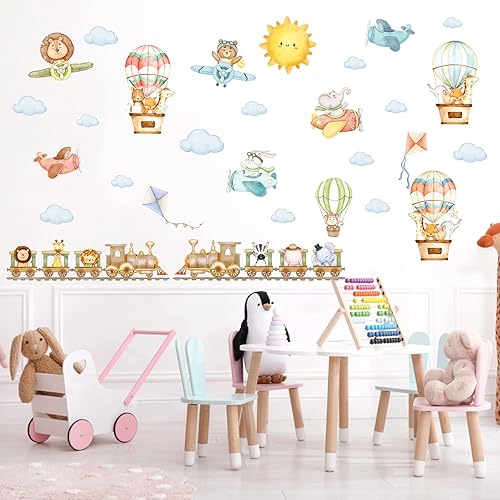 Miniatura 7 de Calcomanías de pared de animales de tren de dibujos animados, calcomanías de pared de animales de avión, calcomanías de globo aerostático, acuarela,