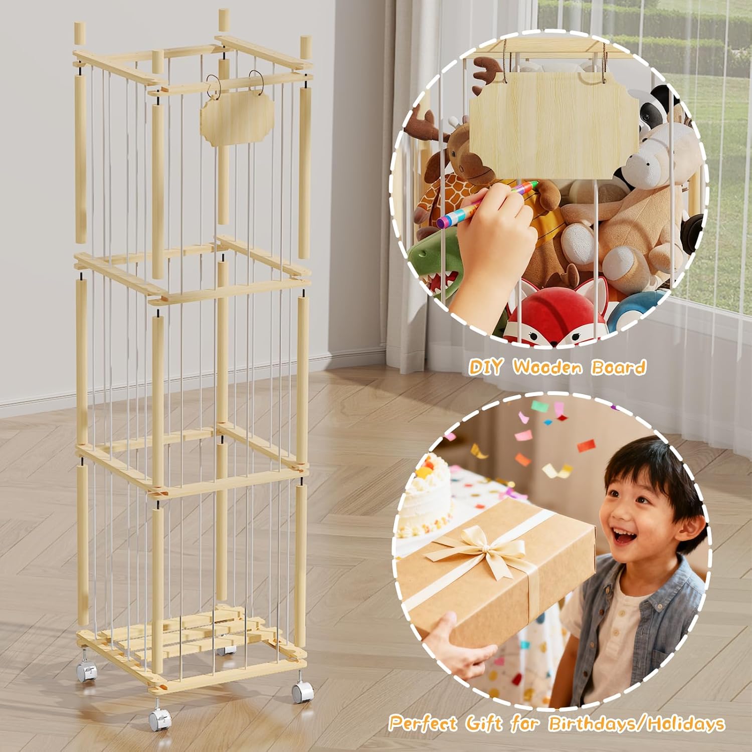 Stuffed Animal Storage, Wood Stuffed Animal Zoo with Wheels & Net, Toy Storage Organizer with Elastic Band, Large Capacity Toy Holder for Nursery, Playroom (3-Layers) - Image 5