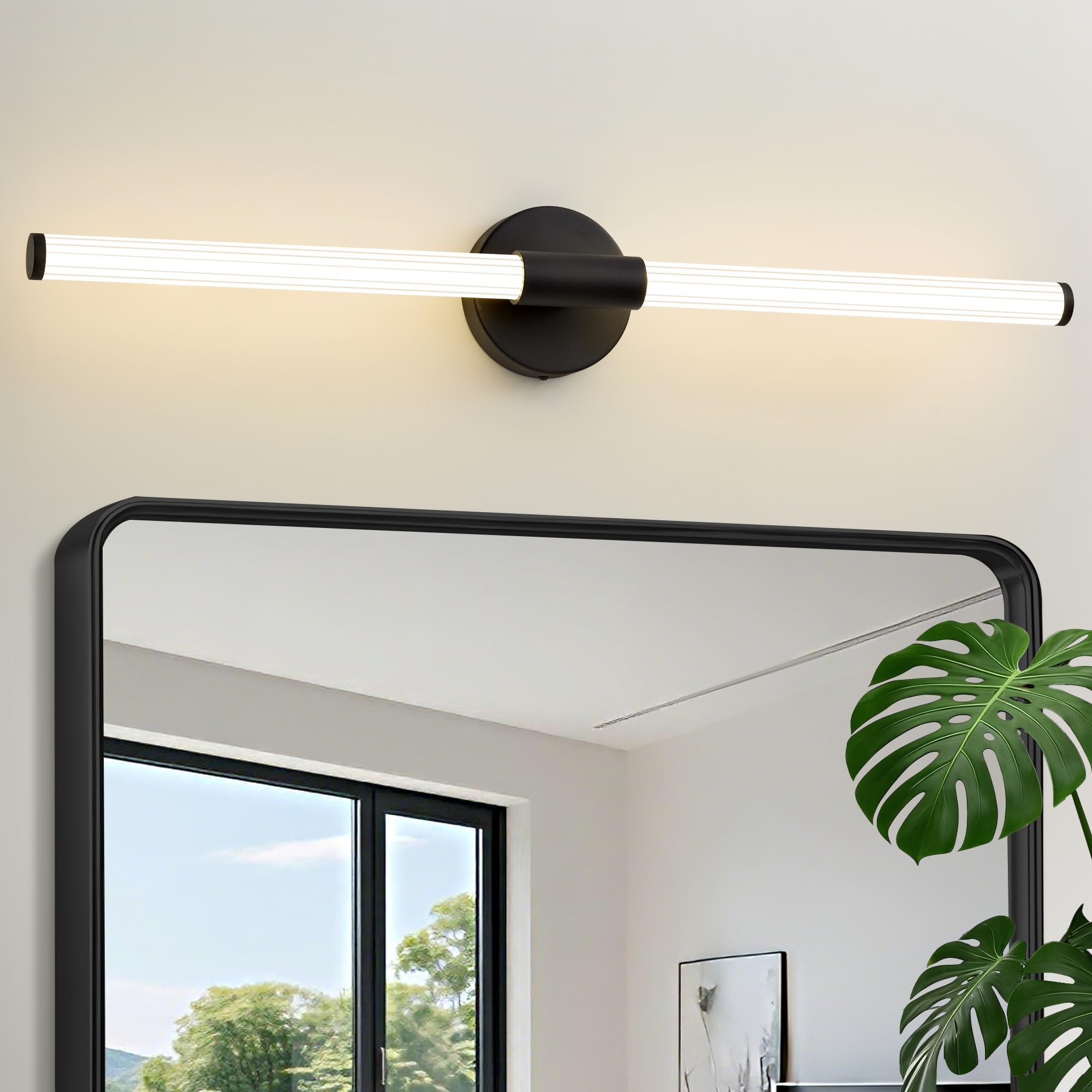 Dimmable LED Bathroom Vanity Lights 360° Full Lighting Bathroom Light Fixtures Over Mirror Vanity Light Bar Modern Wall Sconce 4000K Light for Bedroom Living Room Hardwired Black, 31 inch