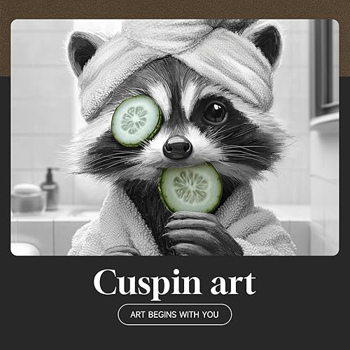 Miniatura 7 de Arte de pared divertido enmarcado para baño, 4 piezas de impresiones de mapache blanco y negro, lienzo de animales lindos para baño, decoración del