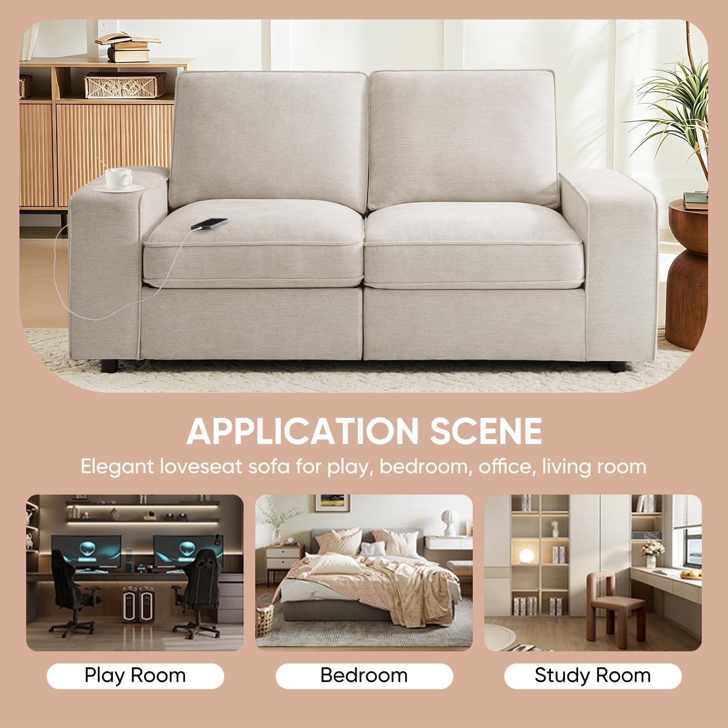 Waxberry 71" Chenille Loveseat Sofa Couch for Living Room with Seat Storage, Modern 2-Seater Deep Seat Sofa with Side Pockets & Type-C/USB Ports, Detachable Backrest for Office, Apartment (Beige)